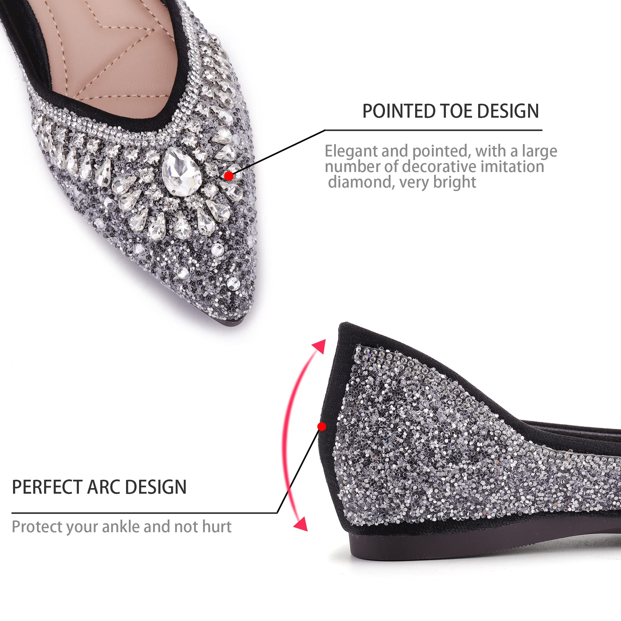 Sparkly Rhinestone Sequin Pointed Toe Flats for Women - Elegant Wedding & Evening Dress Shoes - Comfortable Formal Flats for Parties, Prom, Bridesmaids & Special Occasions