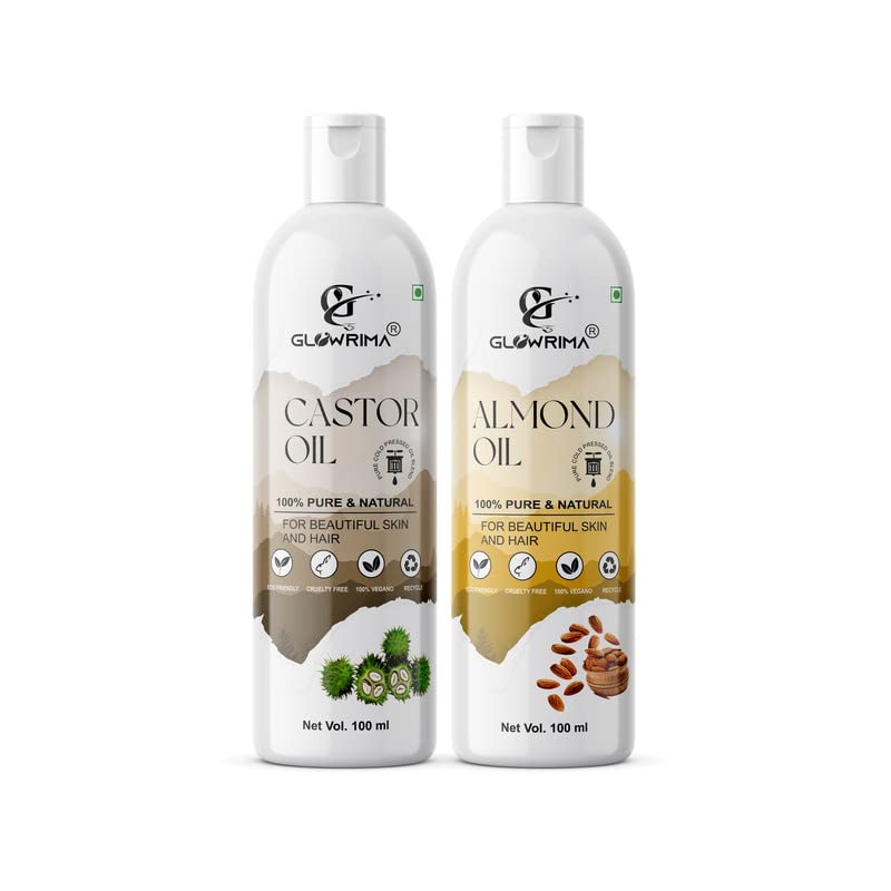 Glowrima 100% Pure Castor Oil & Almond Oil Combo Set (100ML Each) - Promotes Rapid Hair Growth, Reduces Hair Fall, Repairs Split Ends for Softer & Shinier Hair - Perfect for Daily Hair Care & Scalp Massage at Home