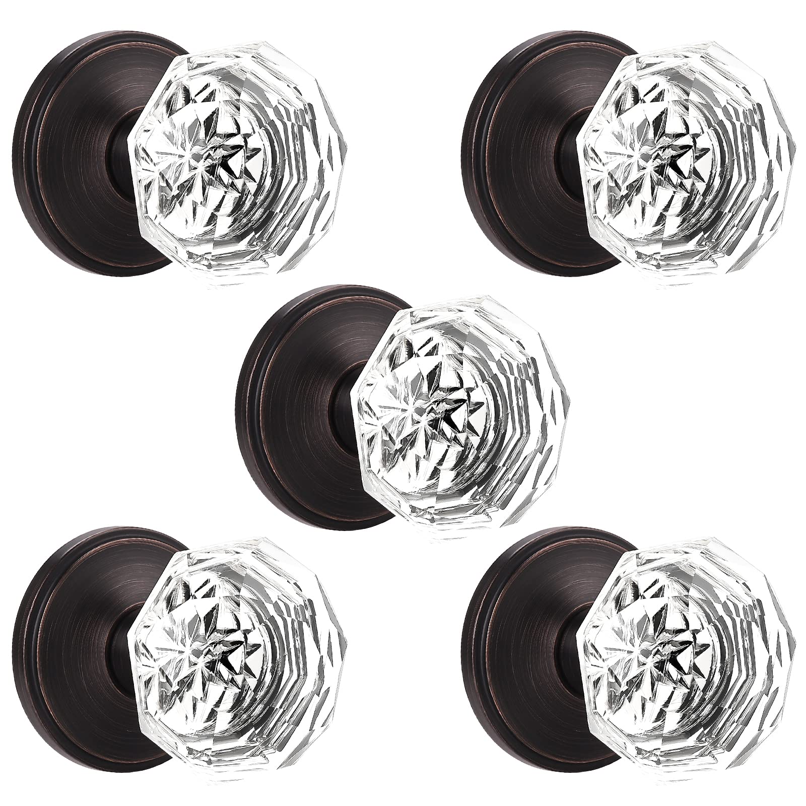 Crystal French Door Knobs - 5 Pack Keyless Interior Handles for Balcony & Pantry, Clear Glass with Zinc Alloy Oil-Rubbed Bronze Base - Perfect for Home, Office & Commercial Spaces