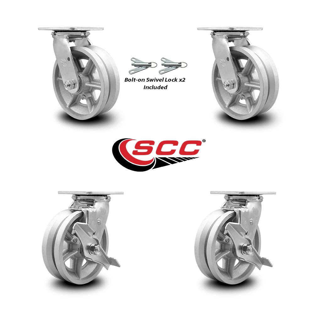 Heavy Duty Cast Iron Swivel Plate Casters Set of 4 - 6 Inch Wheels with Swivel Locks & Brakes | Service Caster Brand | Industrial Equipment, Warehouse Carts & Furniture Movers
