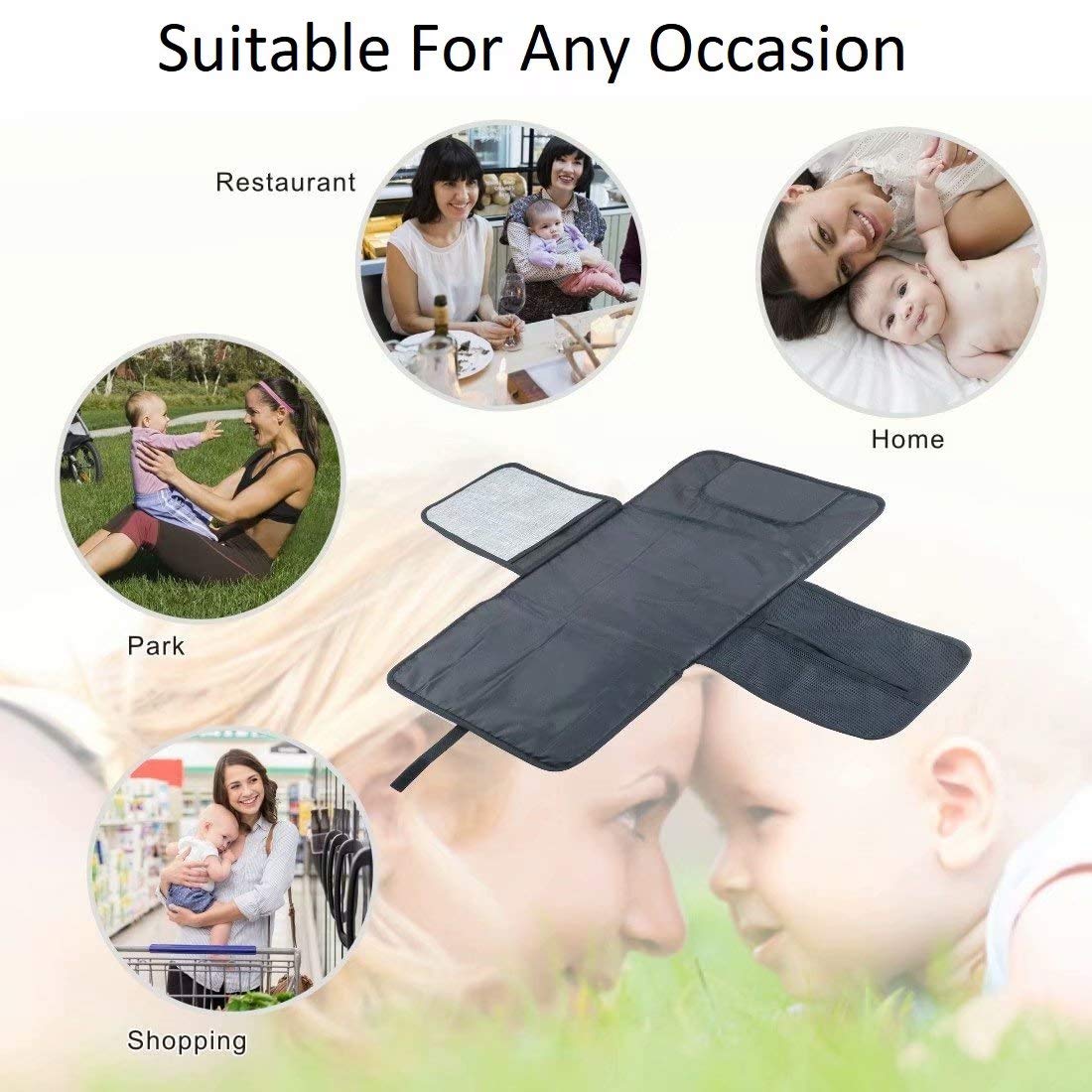 Waterproof Portable Diaper Changing Pad with Head Cushion & Storage Pockets - Foldable Travel Baby Changing Mat for Home, Nursery, Car & Outdoor Use