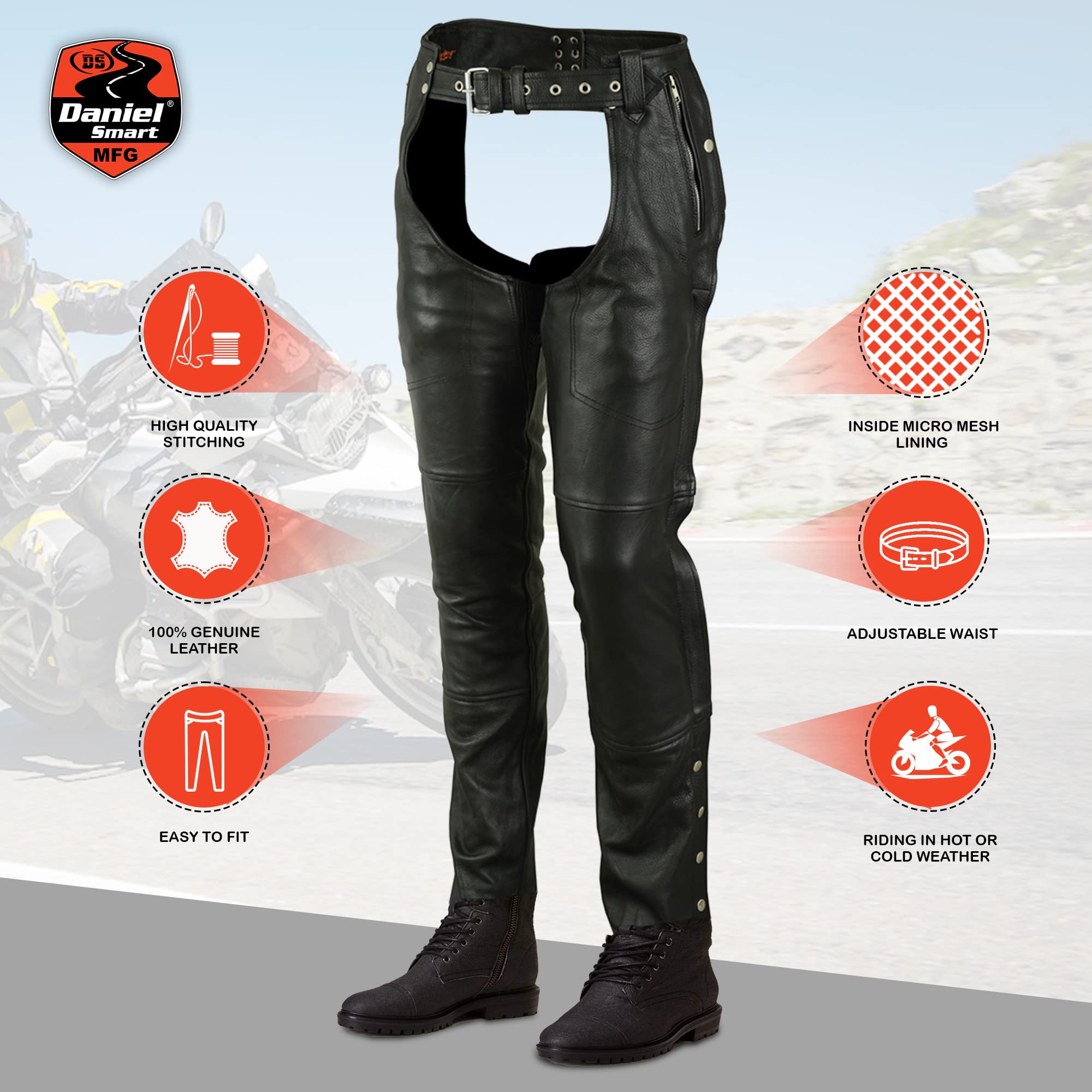 Daniel Smart Unisex Motorcycle Leather Chaps - All Season Biker Pants with Mesh Lining, Adjustable Fit for Men & Women | Perfect for Harley, Cruiser & Road Trips