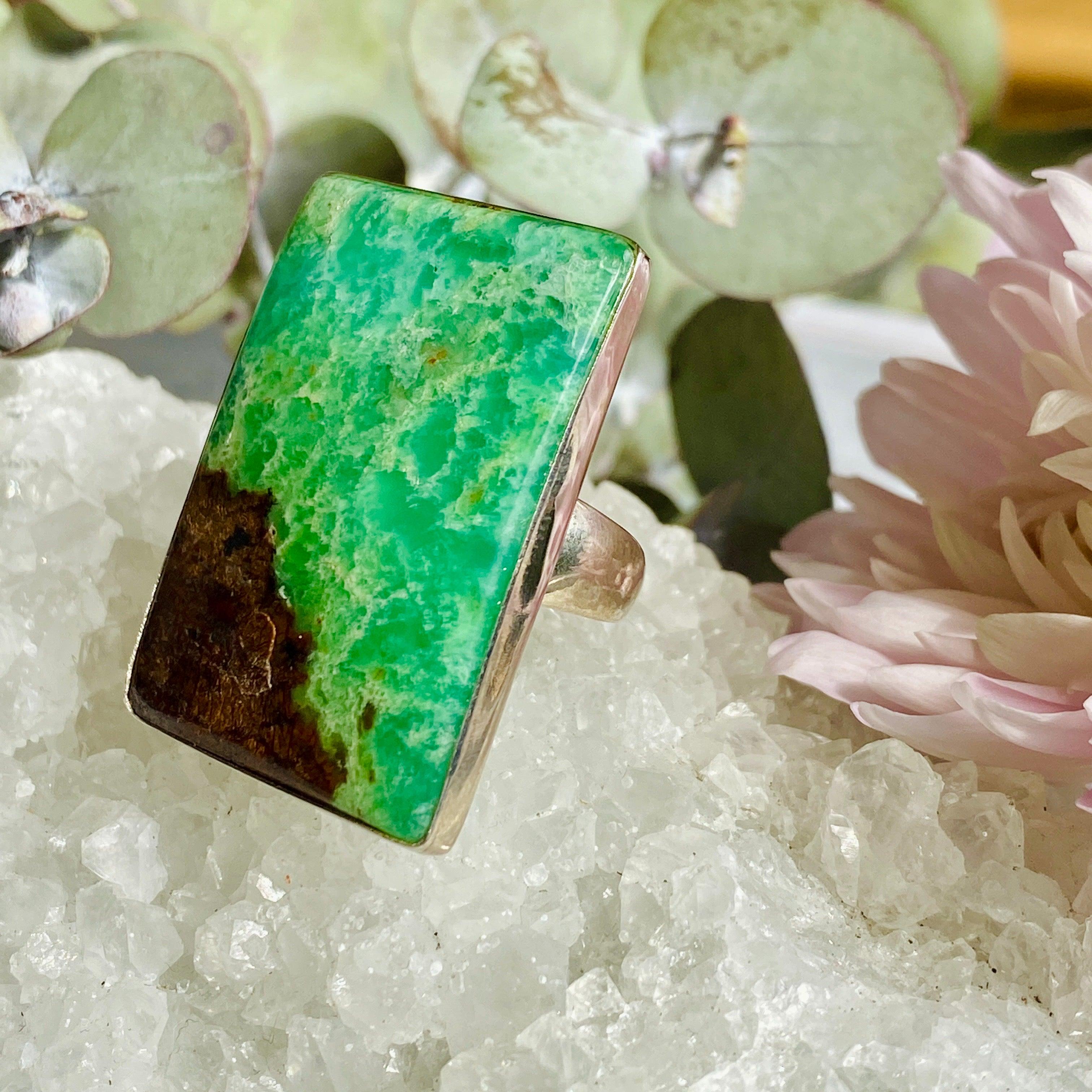 Chrysoprase Rectangle Ring Size 10.5 - KRGJ673 | Elegant Green Gemstone Jewelry for Women, Perfect for Weddings, Parties & Everyday Wear