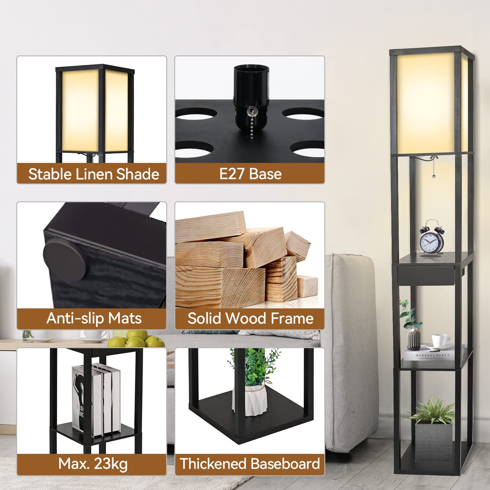 PULUOMIS 3-Tier Floor Lamp with Shelves, LED Bulb, 2 USB Ports & Drawer - Modern Standing Lamp for Living Room, Bedroom, Office - Perfect for Reading, Charging Devices & Home Decor (Black)