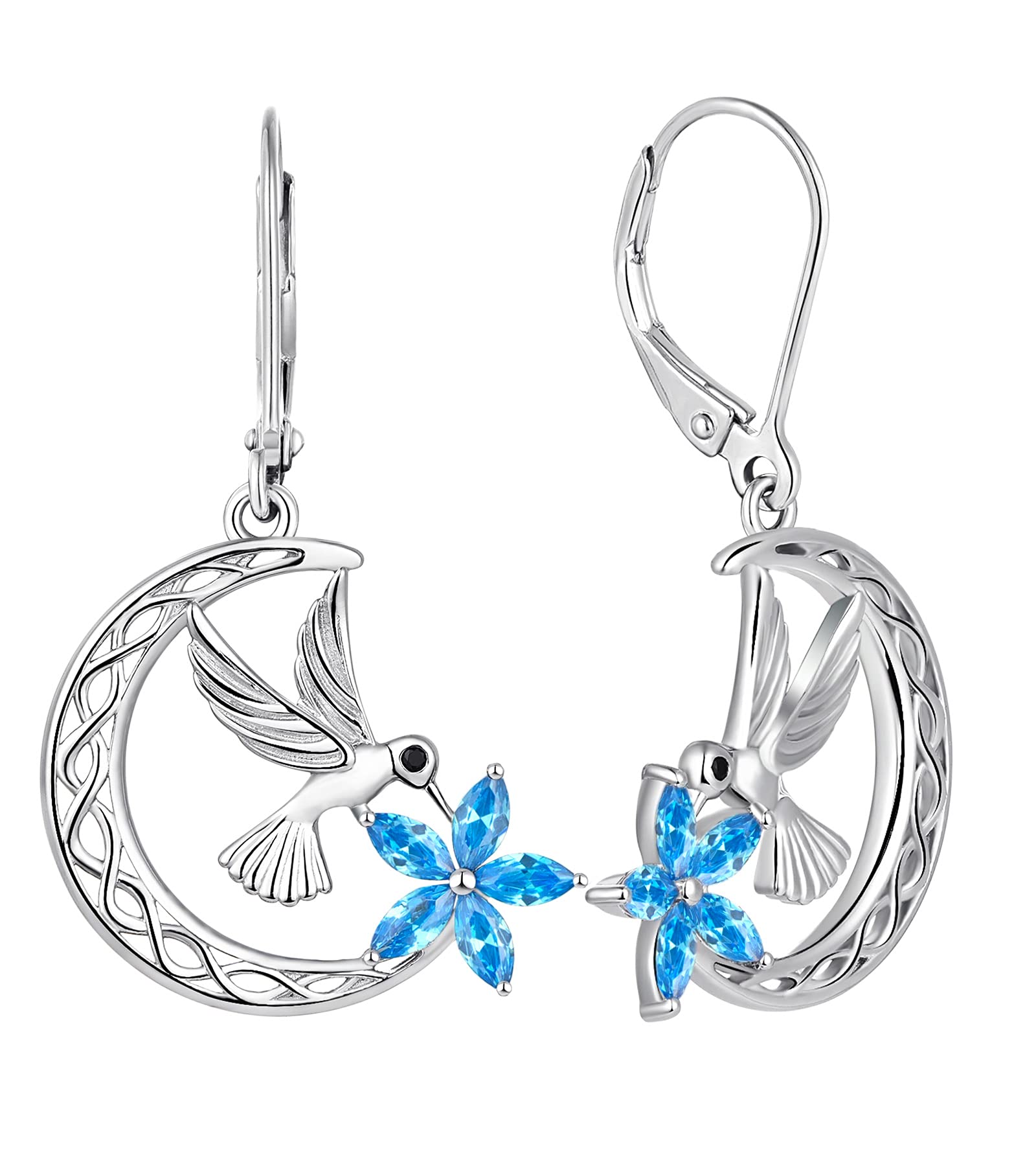 Sterling Silver Celtic Moon Flower Hummingbird Dangle Earrings with Birthstone - Leverback Drop Jewelry for Women - Perfect for Weddings, Parties & Everyday Wear
