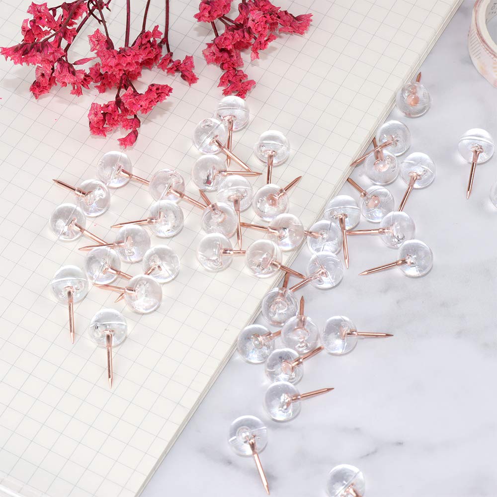 120-Count Rose Gold Steel Point Clear Round Head Push Pins - Thumb Tacks for Cork Board, Bulletin Board & Office Organization | Perfect for Home, School & Office Use