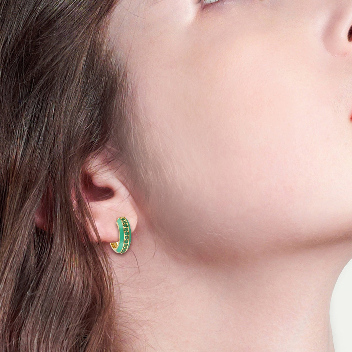 18K Yellow Gold Pave Emerald Gemstone Enamel Hoop Earrings for Women - Elegant Dangle Earrings for Party, Wedding & Special Occasions