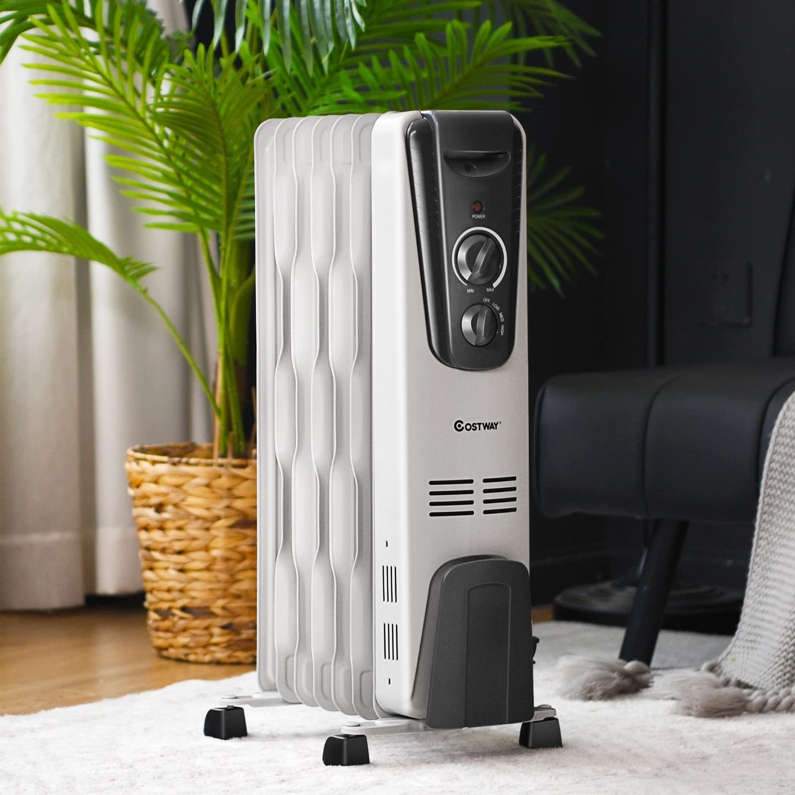 COSTWAY 1500W Oil Filled Radiator Heater - Portable Electric Space Heater with Adjustable Thermostat, 3 Heat Settings, Overheat & Tip-Over Protection - Perfect for Indoor Use in Bedrooms, Offices & Living Rooms | Stay Warm & Cozy During Winter