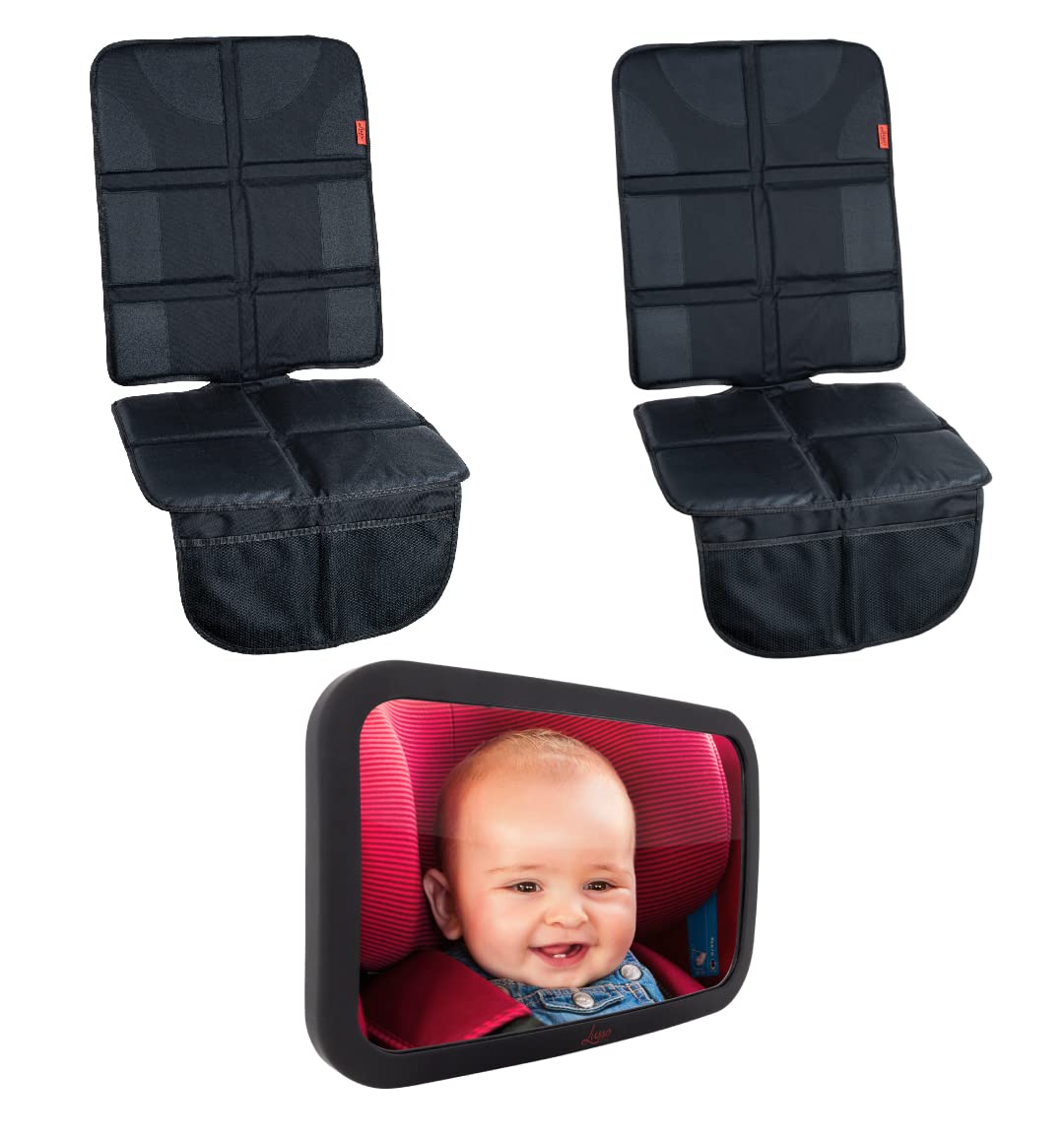 Lusso Gear 2 Pack Waterproof Car Seat Protectors (Black) + Baby Backseat Mirror for Car - Premium Oxford Fabric Protector for Leather & Fabric Seats - Travel Essentials for Family Road Trips & Daily Commutes