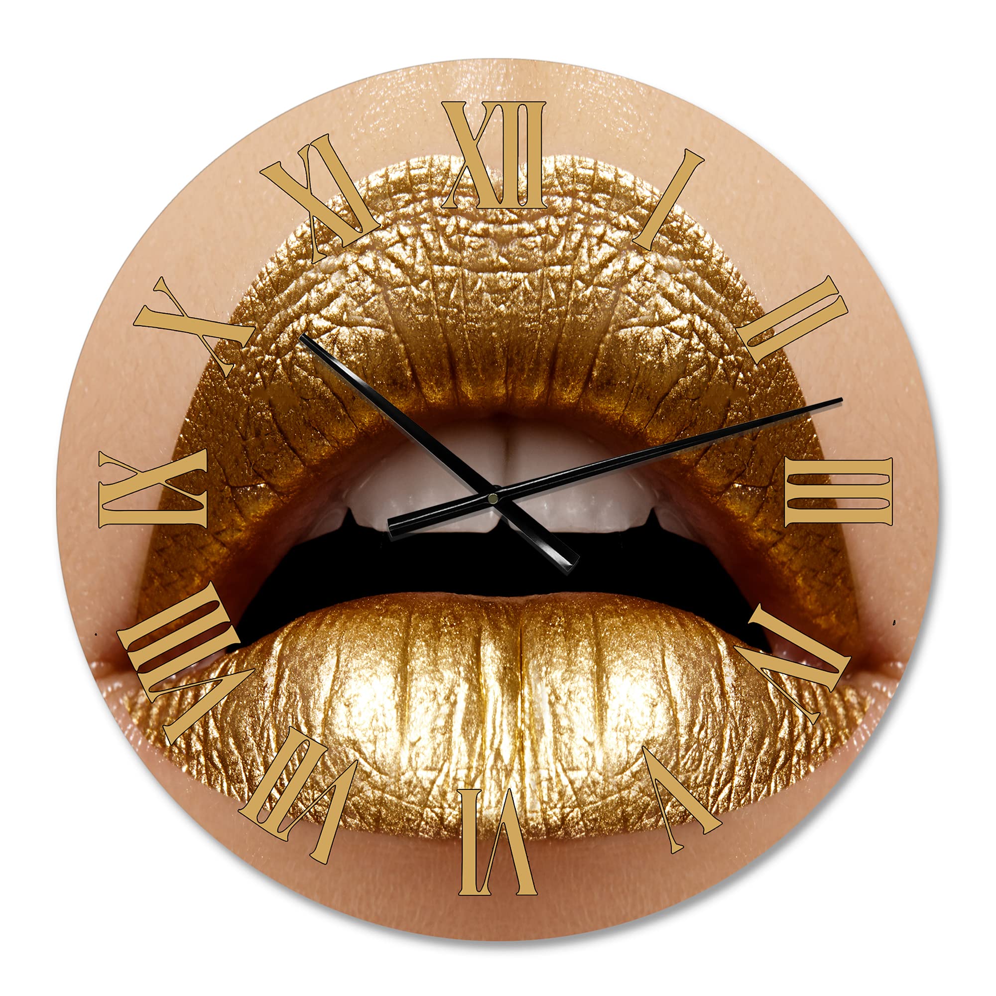 DesignQ Modern Large Wall Clock - Golden Lipstick Plump Lips Art for Bedroom Decor | Stylish Home & Office Wall Art | Perfect Gift for Women