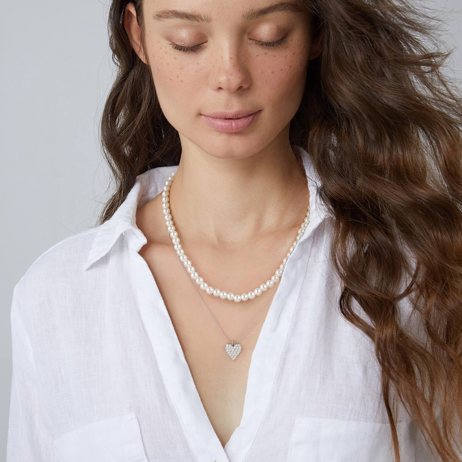 Layered Pearl Necklace for Women - 16K Gold Plated Love Zircon Pendant Choker, Elegant Dainty Jewelry for Wedding, Anniversary & Date Night Gifts