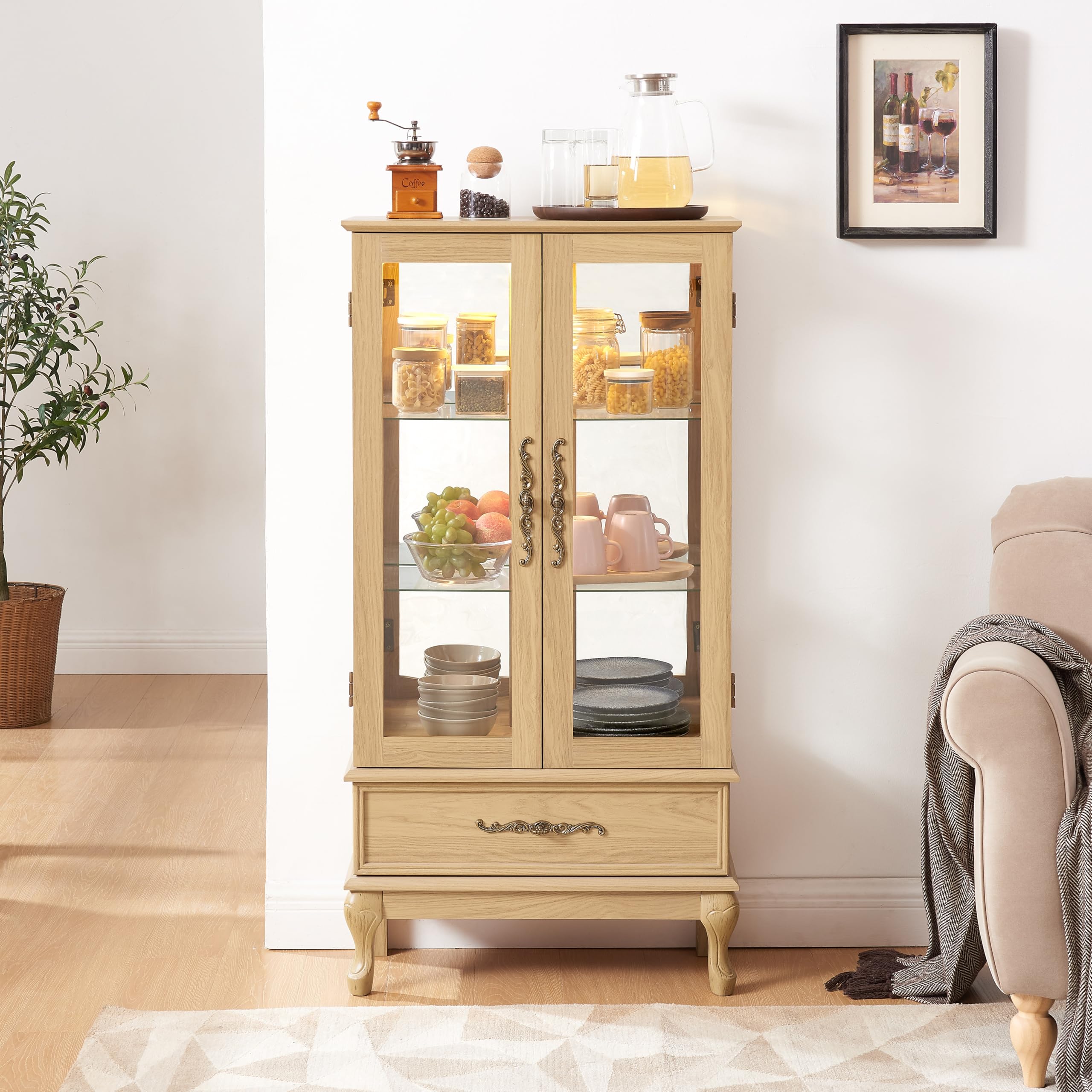 Light Oak Curio Display Cabinet with Adjustable Glass Shelves - 2 Door Glass Wine Cabinet with LED Lighting & Drawer - Perfect for Dining Room, Living Room or Bar Storage