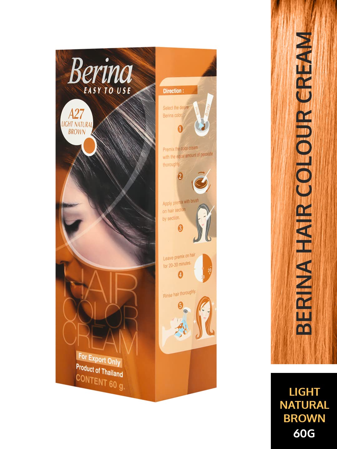 Berina A Series Cream Hair Color - Full Coverage Long Lasting Dye with Developer & Protein Conditioner - 60gm (A27 Light Natural Brown) for Men & Women - At-Home Salon Quality Hair Coloring for Gray Coverage & Vibrant Tones