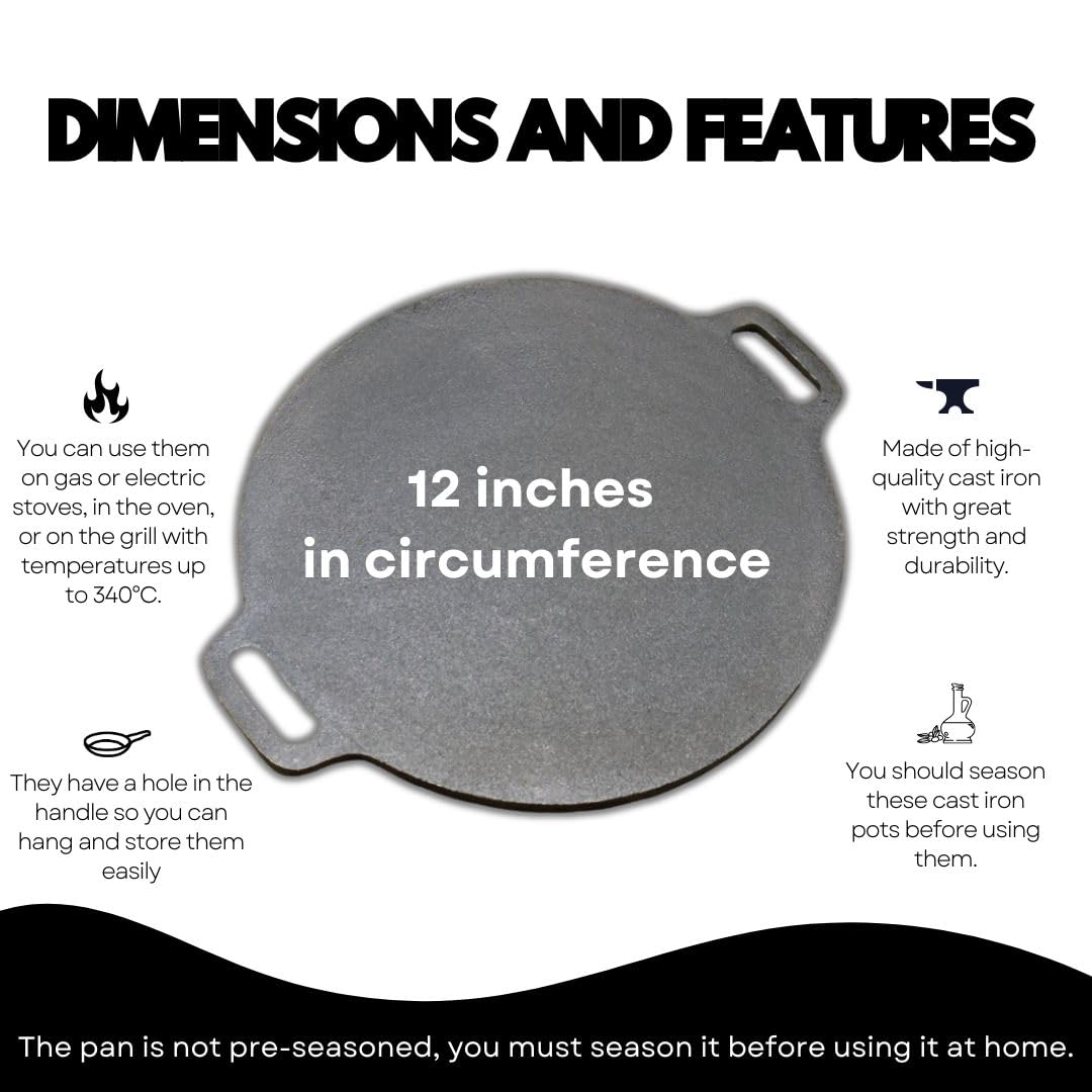 12-Inch Pre-Seasoned Cast Iron Skillet - Nonstick Griddle Pan for Tortillas, Crepes, Dosa & Pizza - Heavy Duty Comal, Tawa & Flat Pan - Perfect for Stovetop, Oven & Outdoor Cooking