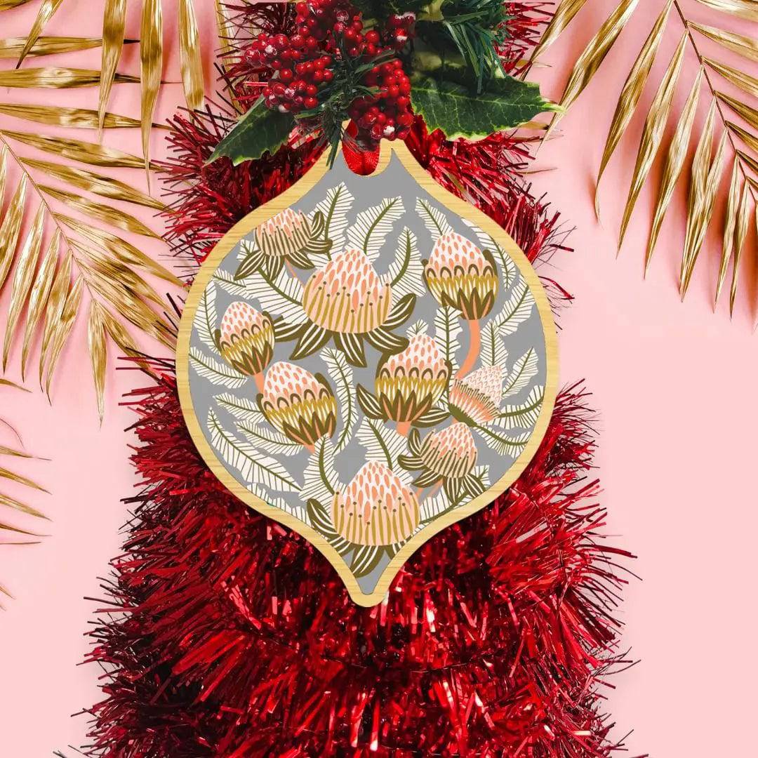 Bush Proteas Christmas Bauble – Handmade Floral Ornament for Holiday Tree Decor, Festive Home & Office Decoration