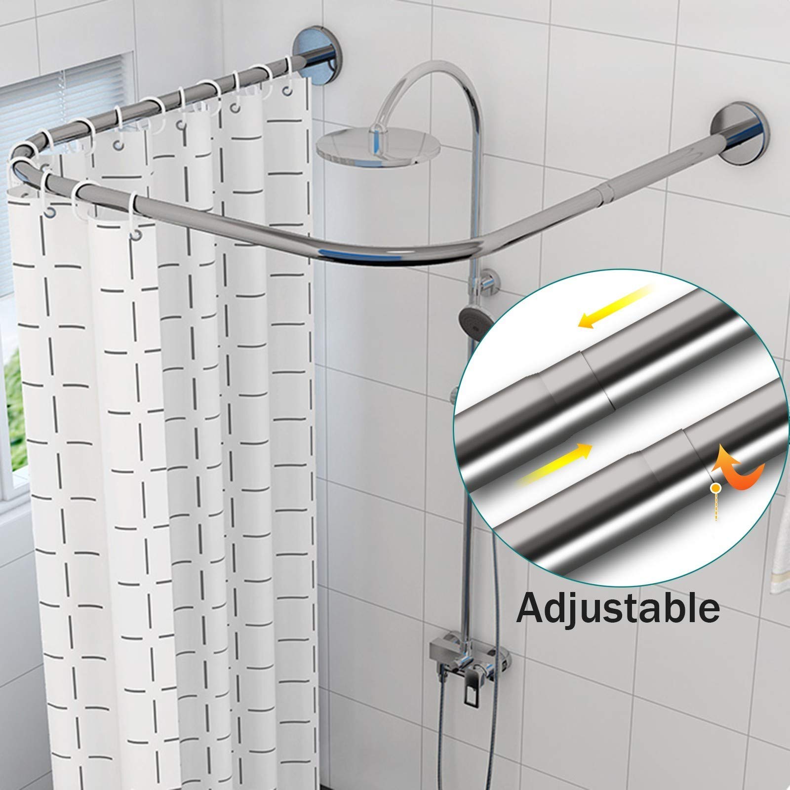 Adjustable Telescopic Shower Curtain Rod - Stainless Steel Tension Rod with Waterproof Shower Curtain & Hooks, No Drilling U-Shaped Bathroom Pole (90×90×90) - Perfect for Small Bathrooms, Apartments & RVs