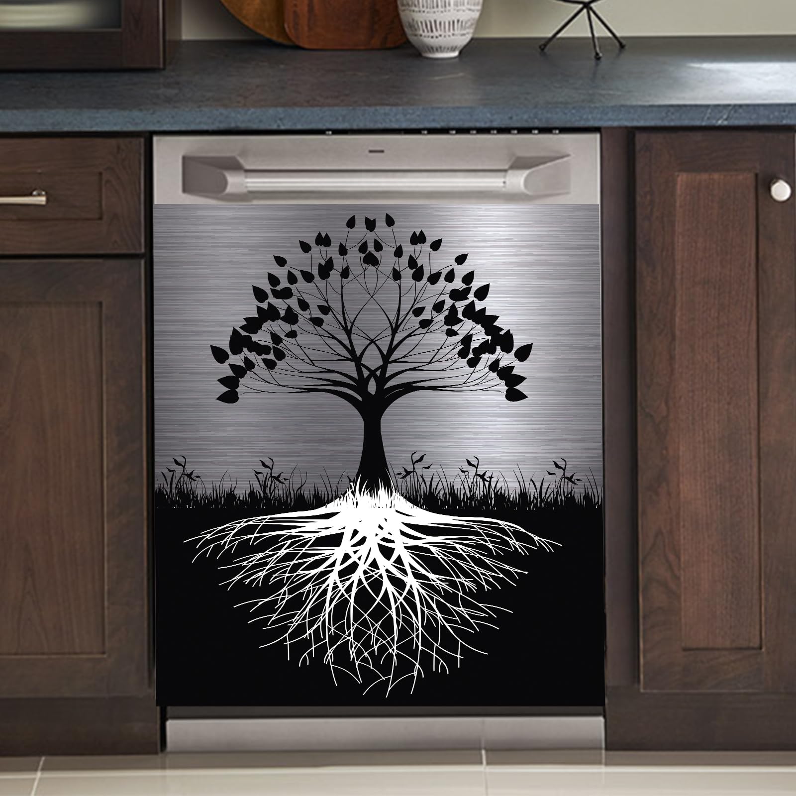 Tree of Life Dishwasher Cover Magnet Decor - 23x26 Inch Large Polishing Metal Dishwasher Front Panel - Black Kitchen Appliance Decal - Silver Magnetic Sticker for Refrigerator & Dishwasher - Perfect for Modern Kitchen Decor & Home Improvement