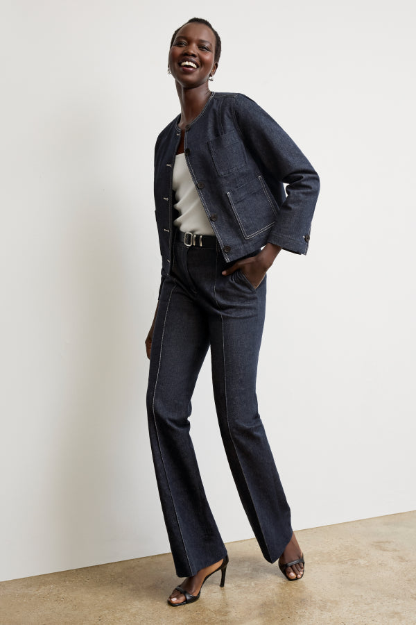 Vintage '70s Rowe Stretch Denim Jeans in Midnight Wash - Retro High Waisted Flare Pants for Women, Perfect for Casual Outfits & 70s Theme Parties