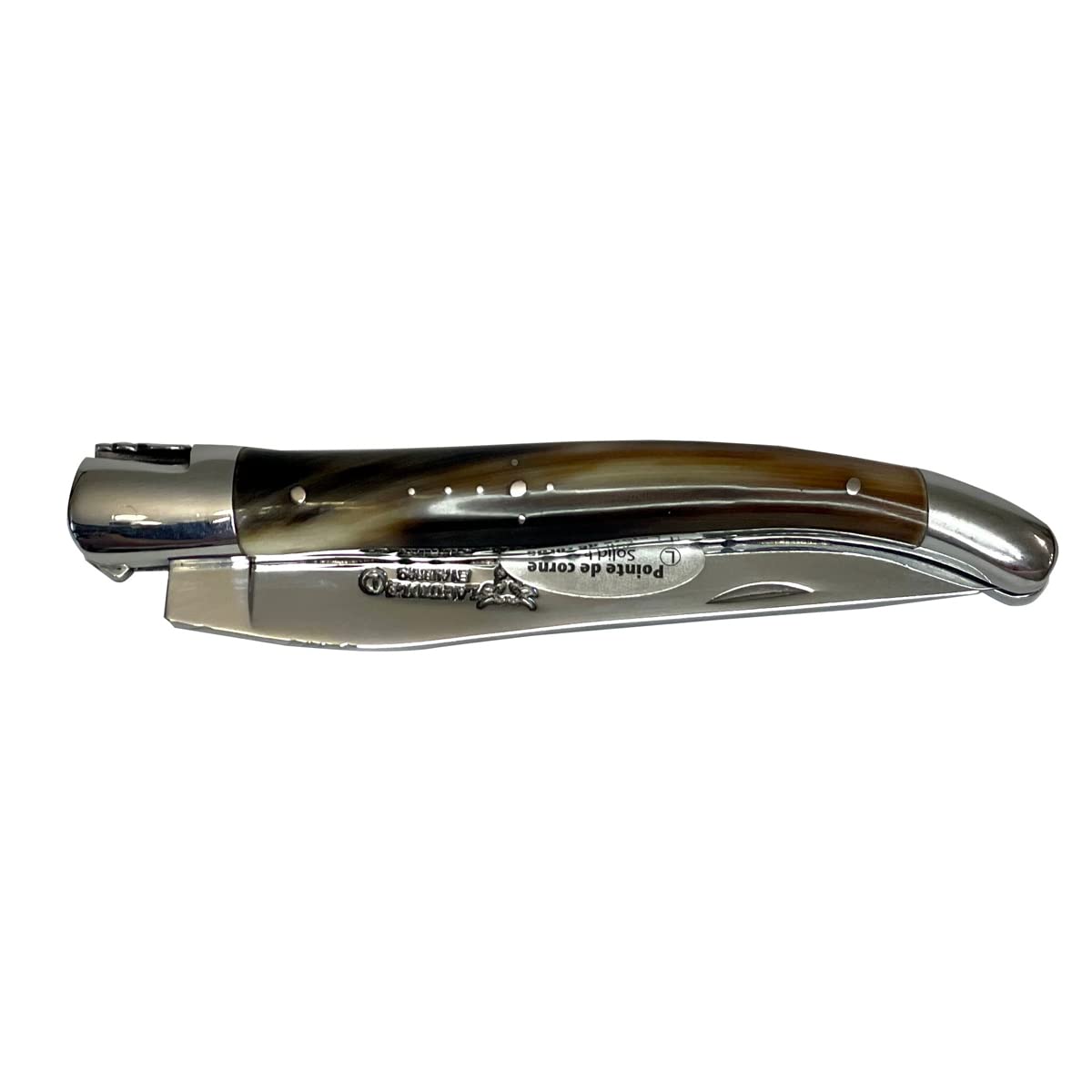 Laguiole en Aubrac Luxury Handmade Double Plates Folding Pocket Knife - 4.8 Inch (12cm) Solid Horn Handle - Hand Forged Stainless Steel Blade with Shiny Bolsters - Perfect for Camping, Hiking & Everyday Carry (EDC)