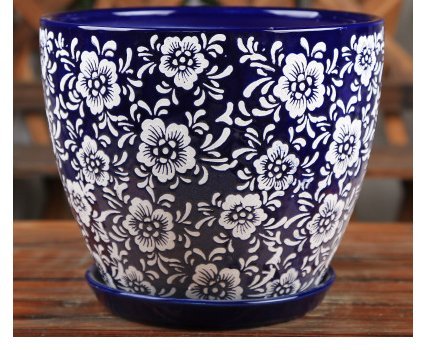 Modern Ceramic Flower Planter Pot with Saucer - Blue Elegant Floral Design, Round Solid Ceramic for Home & Garden Decor - Perfect for Indoor Plants, Succulents, and Tabletop Displays