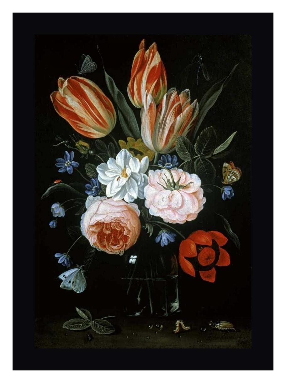 Jan Van Kessel Tulips and Roses in Glass Vase - 22x30 Inch Framed Canvas Wall Art Print with Black Frame - Ready to Hang - Perfect for Living Room, Bedroom, or Office Decor