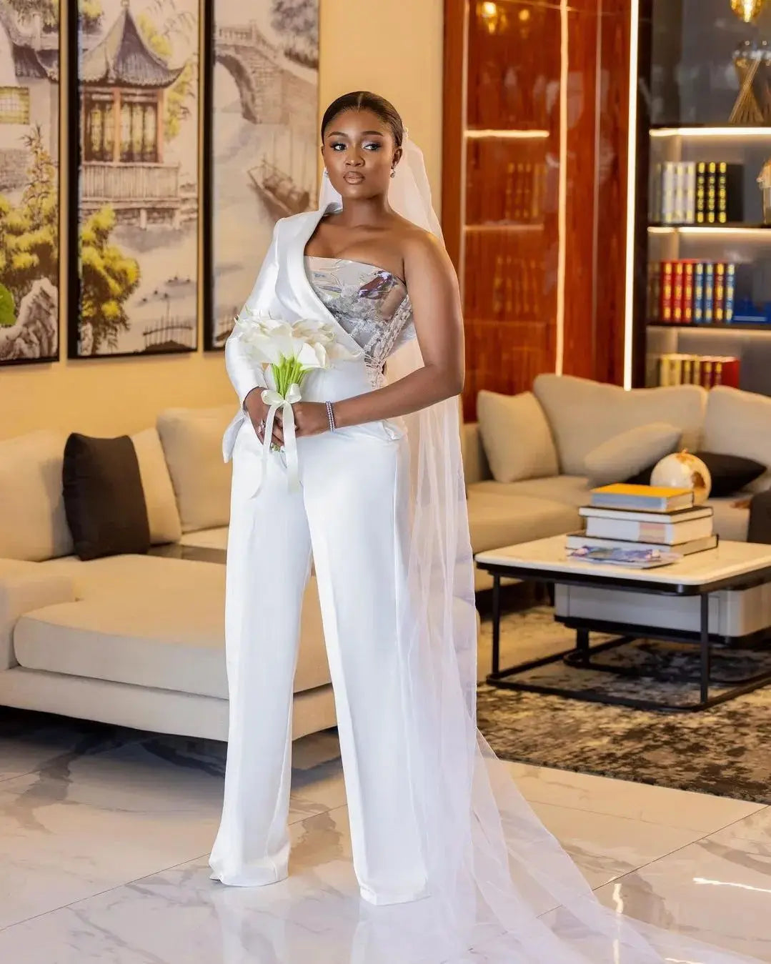 Elegant White One Shoulder Strapless Plus Size Wedding Jumpsuit Bridal Gown for Women - Perfect for Beach Weddings, Bridal Showers & Formal Events