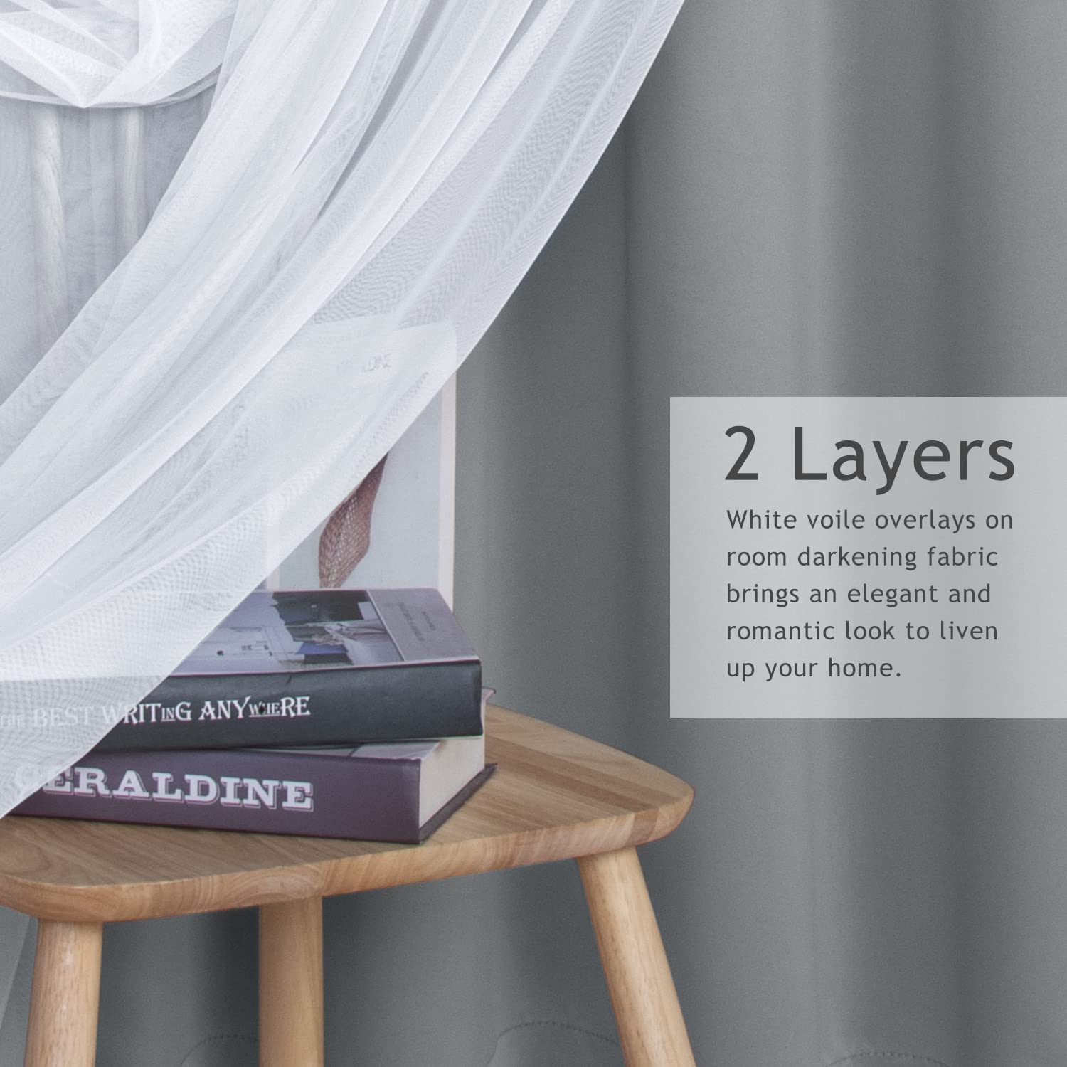 BONZER White Sheer Tulle Overlay Blackout Curtains with Grommet Top - 52x63 Inch Set of 2 Panels - Light Filtering & Room Darkening for Bedroom, Living Room & Nursery - Cloud Grey