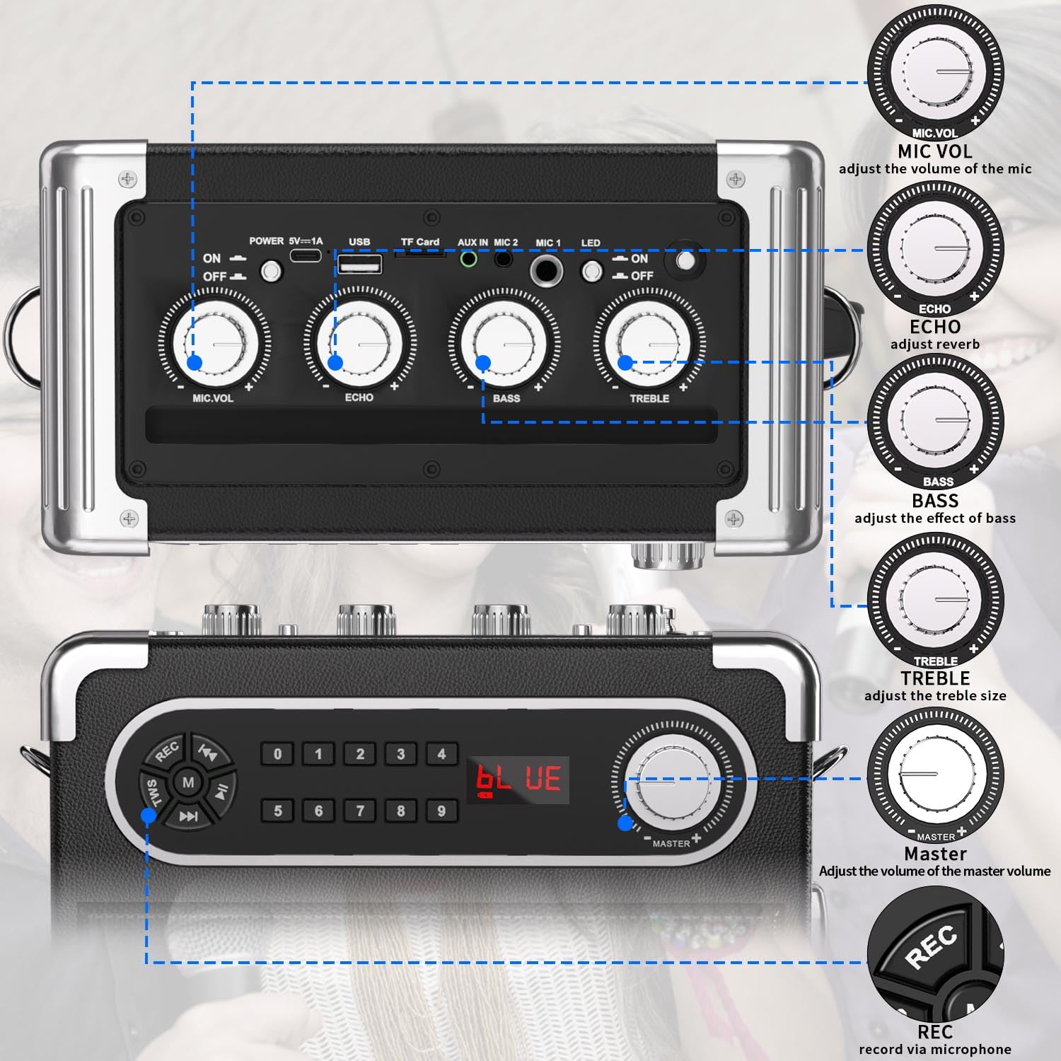 Portable Karaoke Machine with 4 Wireless Microphones - Bluetooth 5.1 Speaker with Bass/Treble Control, PA System, Remote, LED Lights, TF/USB/AUX Input, TWS, FM Radio, Recording - Perfect for Home Parties, Family Gatherings & Outdoor Events