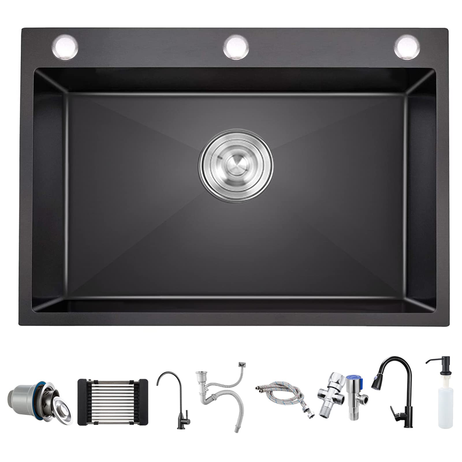 Undermount Single Bowl Kitchen Sink with Faucet - 304 Stainless Steel Large Capacity Black Nano Coating - Durable Thick Design for Home Use - Perfect for Cooking, Washing Dishes & Food Prep