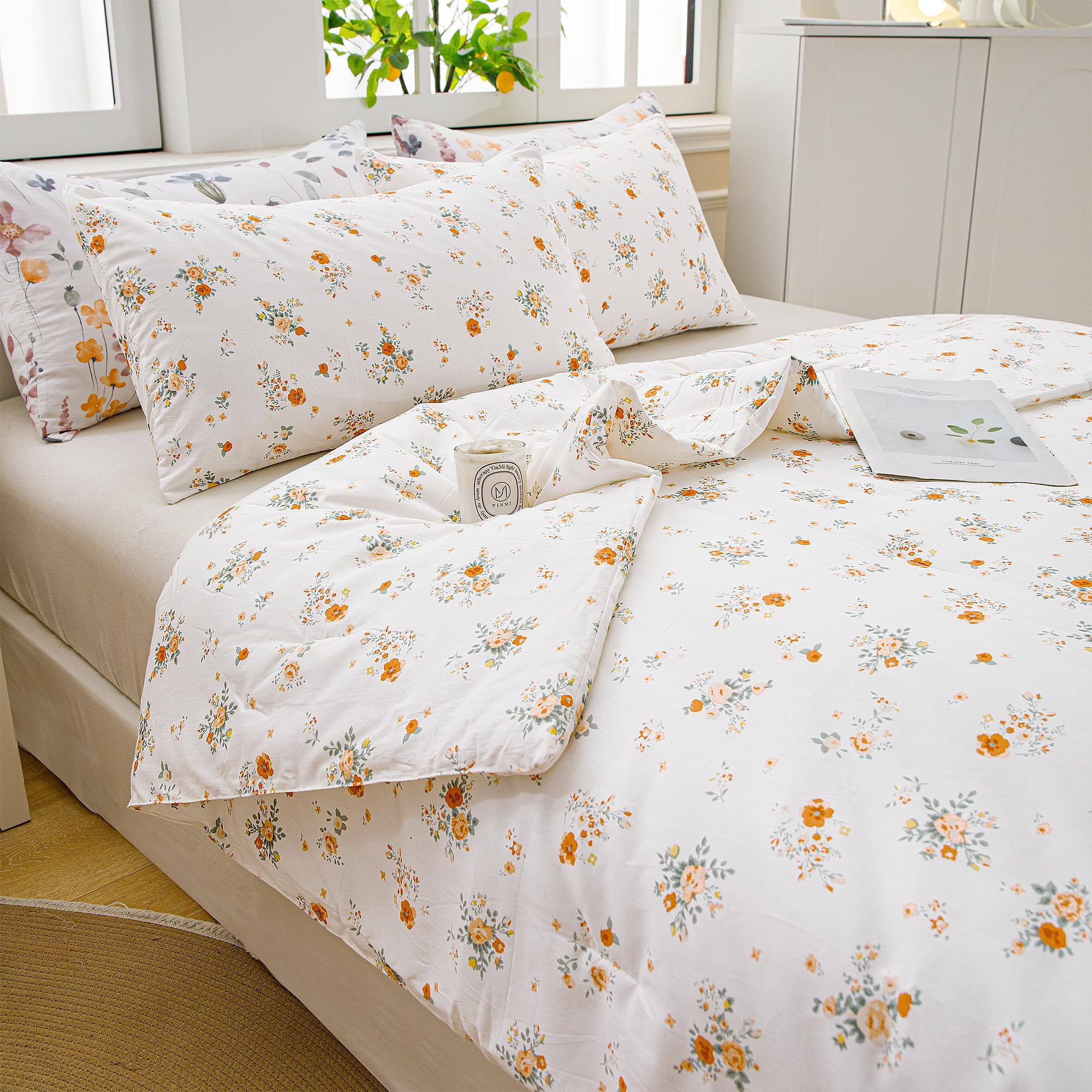 ATsense Queen Comforter Set - 3 Piece White Floral Botanical Bedding | All Season Soft Cotton Comforter with 2 Pillowcases | Perfect for Master Bedroom, Guest Room & Cozy Home Decor