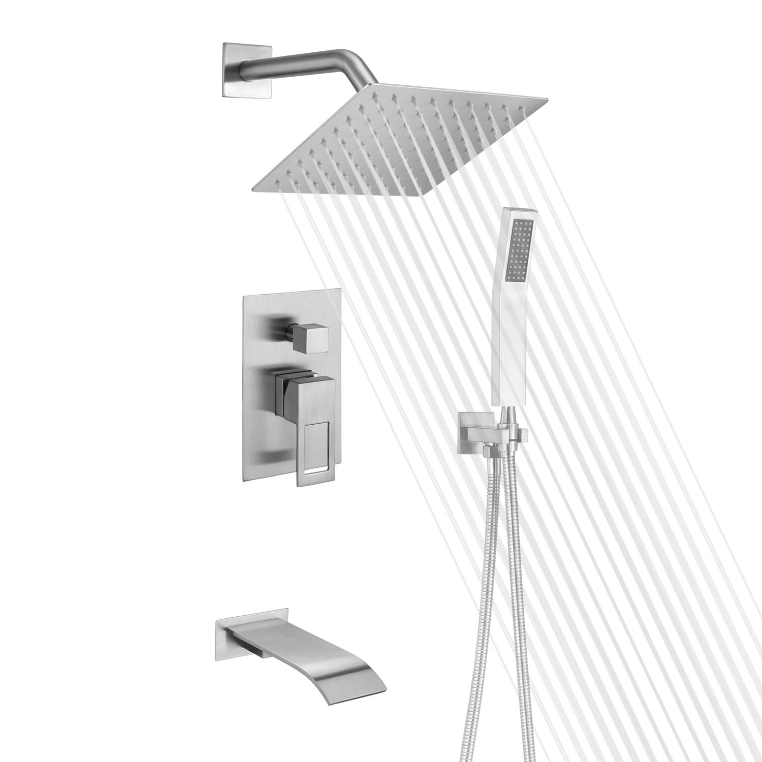 SUMERAIN Brushed Nickel Pressure Balanced Shower System with Waterfall Tub Spout - Modern Bathroom Faucet for Tub and Shower Combo | Perfect for Spa-Like Bathroom Renovation and Luxury Home Upgrade