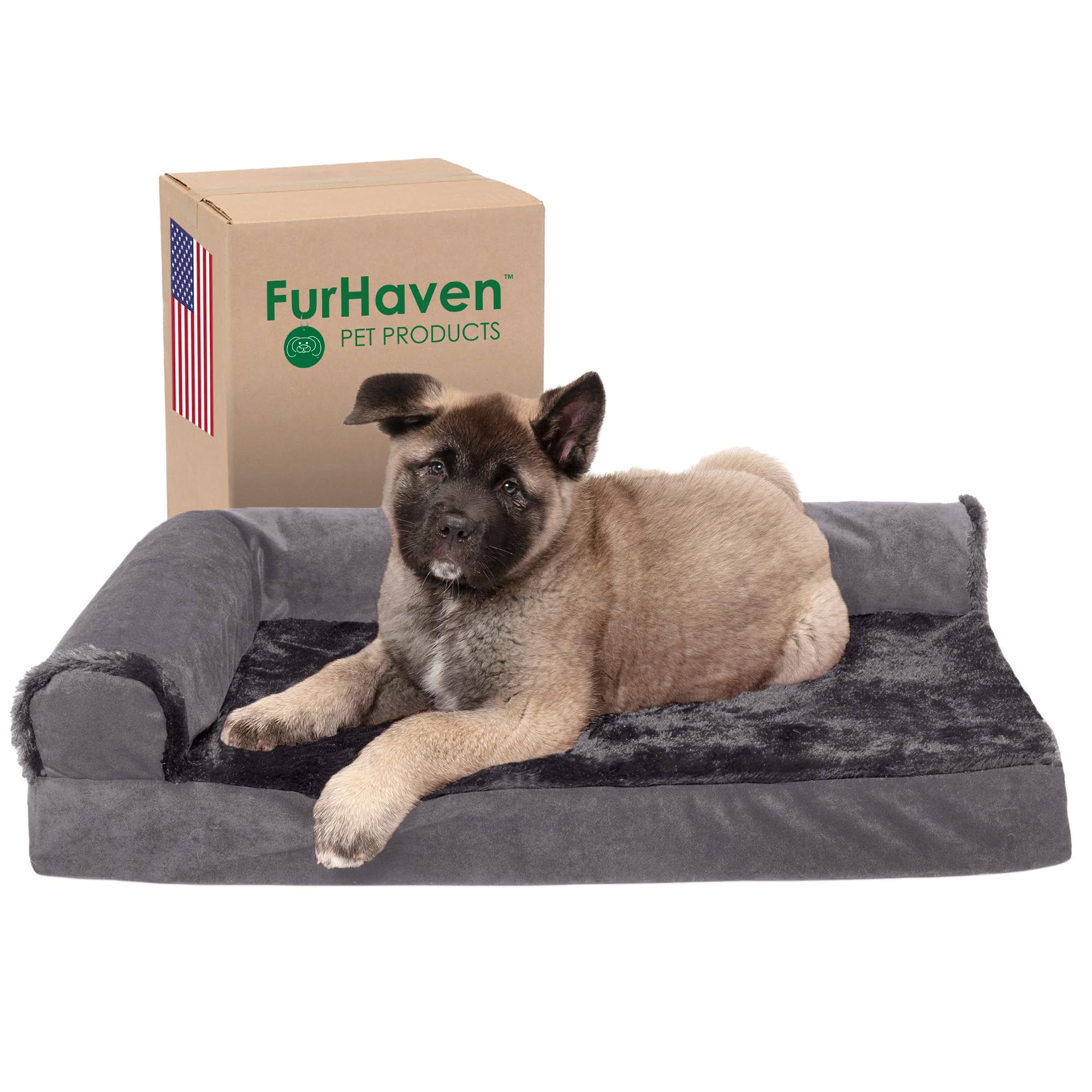 Furhaven Memory Foam Dog Bed for Small & Medium Dogs - Removable Bolsters & Machine Washable Cover - Plush Velvet L-Shaped Chaise Lounge - Supports Pets Up to 35 lbs - Platinum Gray (Medium Size) - Perfect for Living Room, Bedroom or Pet Nursery
