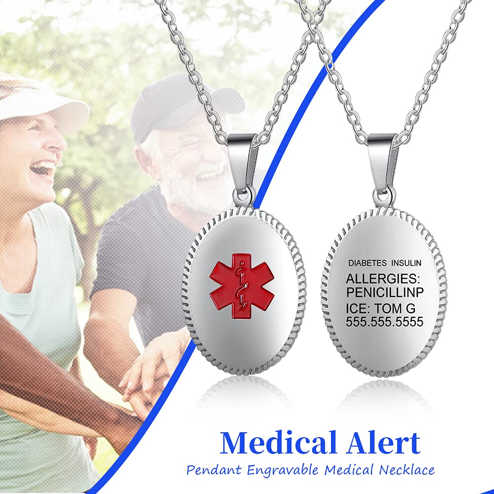 Personalized Stainless Steel Medical Alert Necklace for Men & Women - Custom Engraved Emergency Medical ID Tag Jewelry - Perfect for Daily Wear, Travel & Health Safety