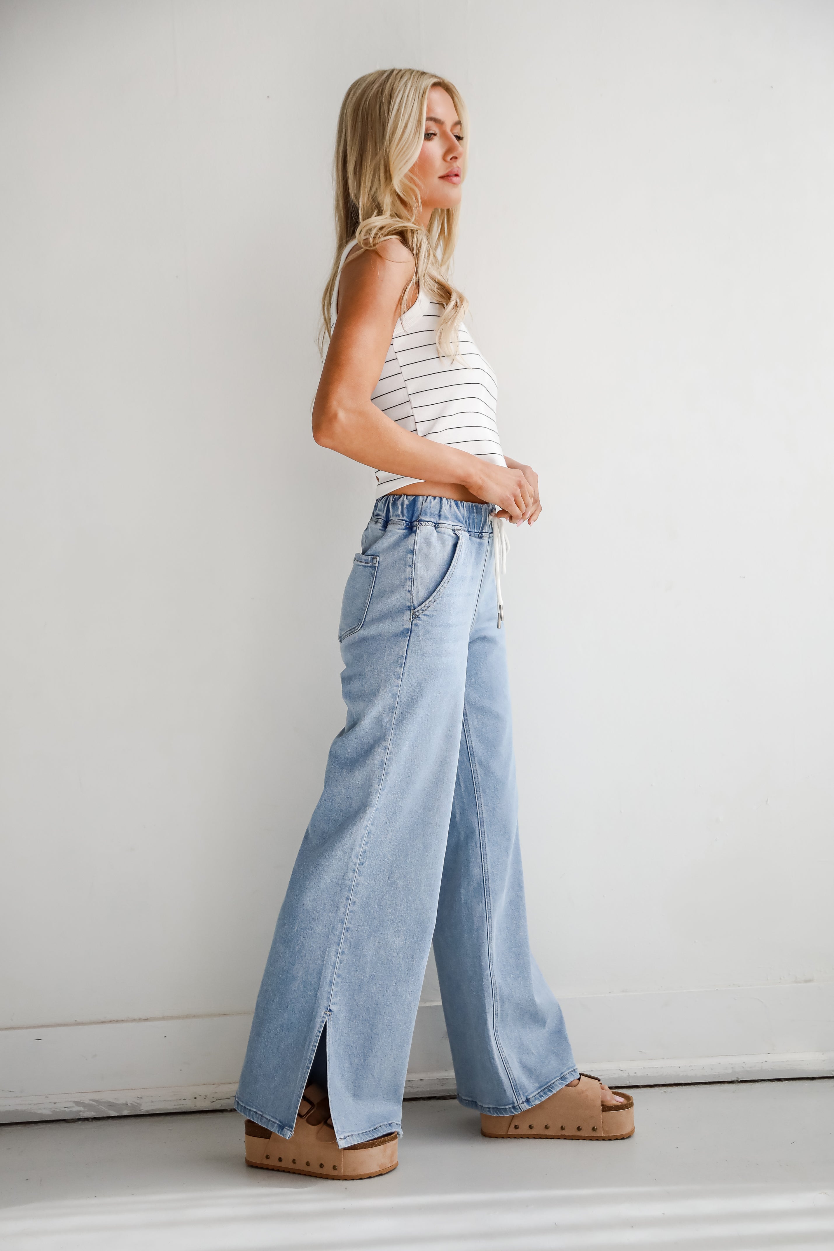 Carla Light Wash High Rise Drawstring Waist Wide Leg Jeans for Women - Comfortable Stretch Denim Pants for Casual Wear & Everyday Outfits
