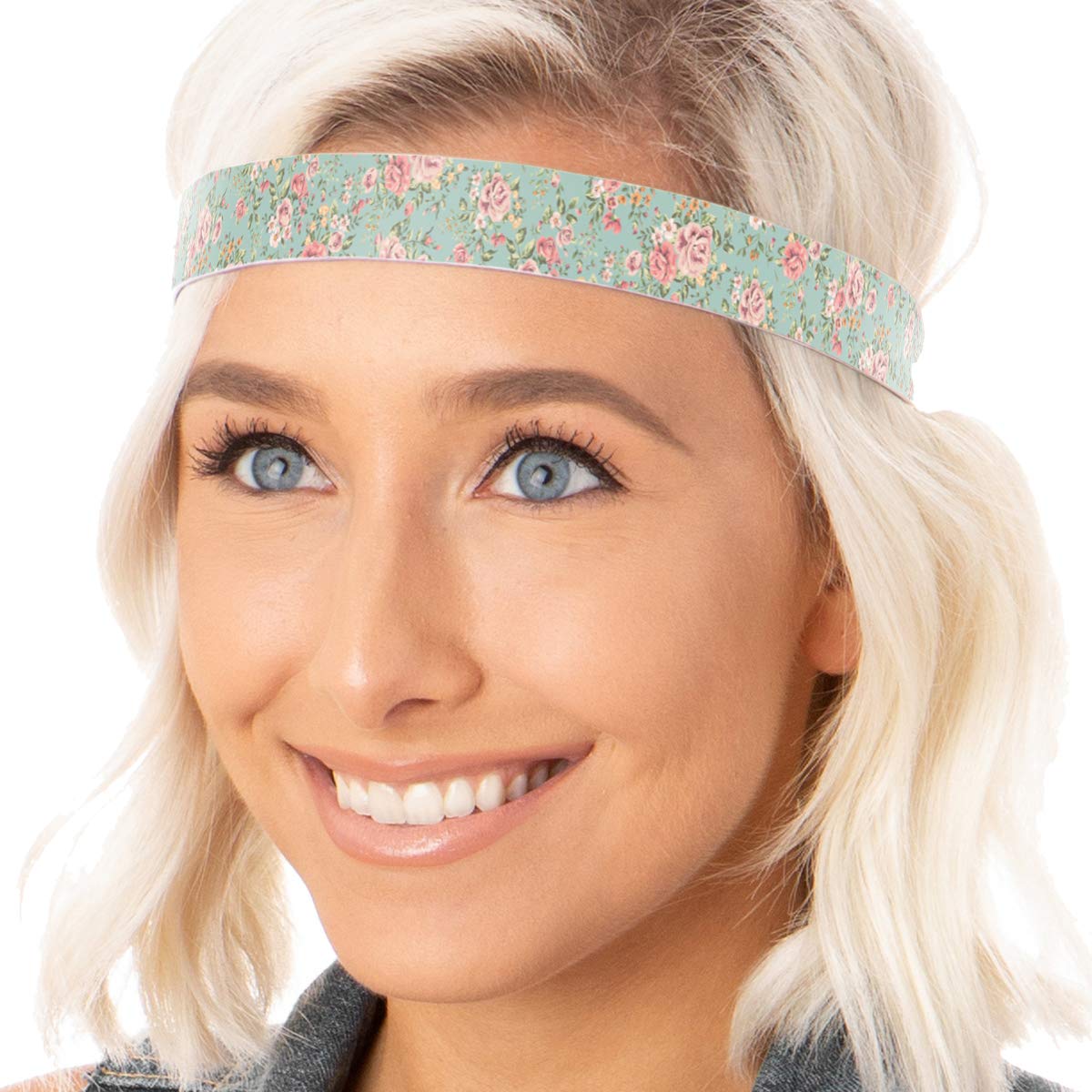 Hipsy Women's Adjustable No Slip Wide Country Flower Headbands - 2 Pack (Wide Mint & White Glitter) for Country Concerts, Outdoor Festivals & Everyday Boho Style