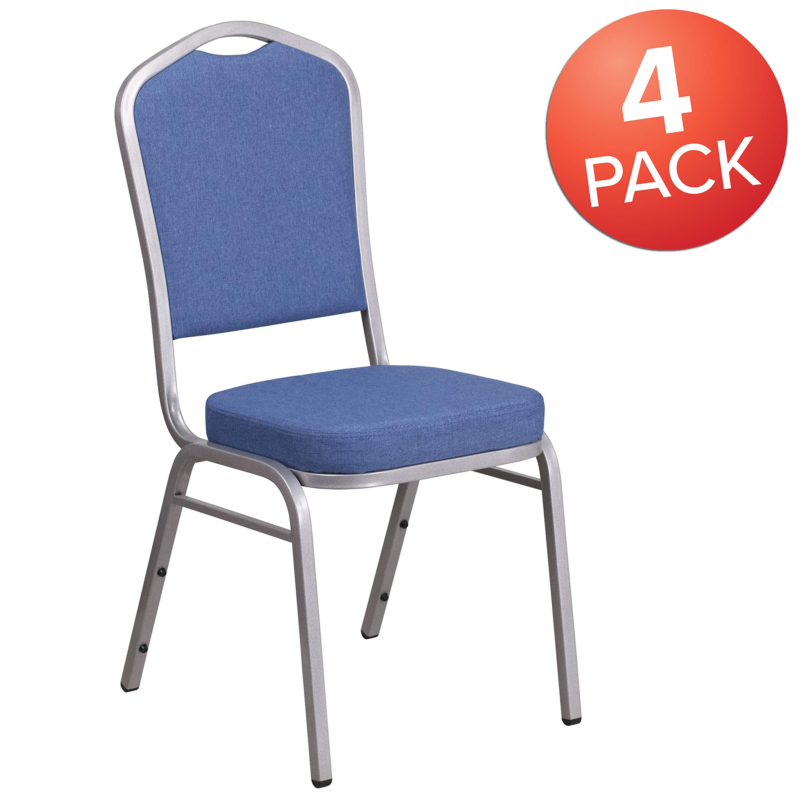 4 Pack Blue Fabric Crown Back Stacking Banquet Chairs with Silver Frame - Elegant & Durable for Weddings, Events, and Banquets