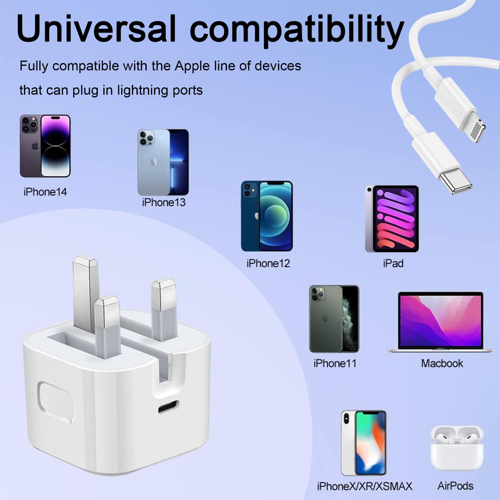 MFi Certified 20W USB-C Fast Charger for iPhone 14/13/12/11 Pro/Pro Max/XS/XR/X - PD Power Adapter with 6.6FT Cable - UK Wall Charger Plug for Home, Office & Travel