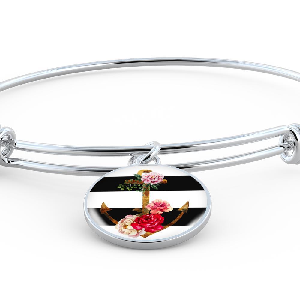 Elegant Floral Anchor Bangle Bracelet for Women - Trendy Nautical Jewelry Gift for Beach, Summer & Boho Fashion