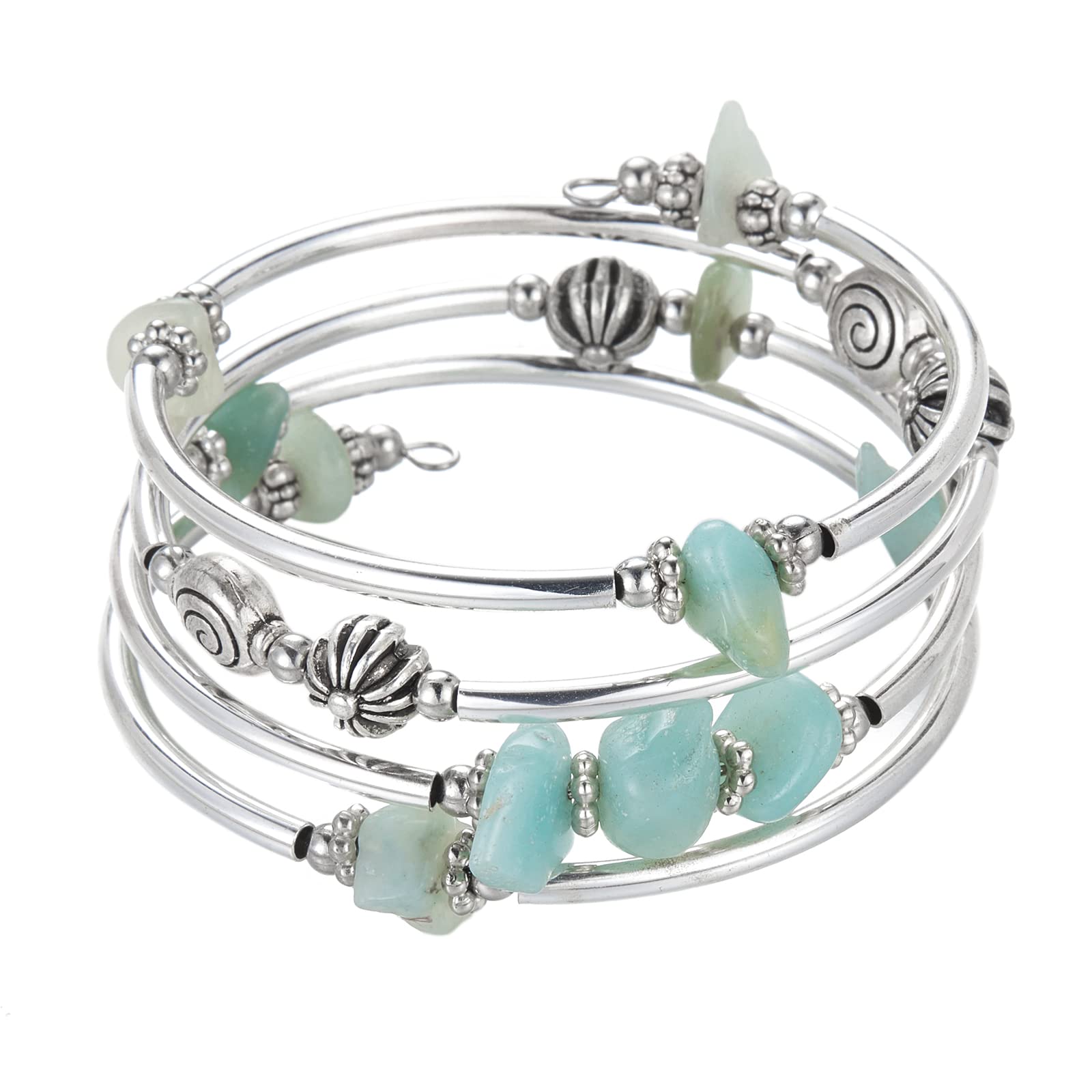 Noessla Beaded Bangle Bracelets for Women - Thick Silver Wrap Bracelet with Stone Beads, Fashion Jewelry for Birthday Gifts, Party, Wedding & Everyday Wear