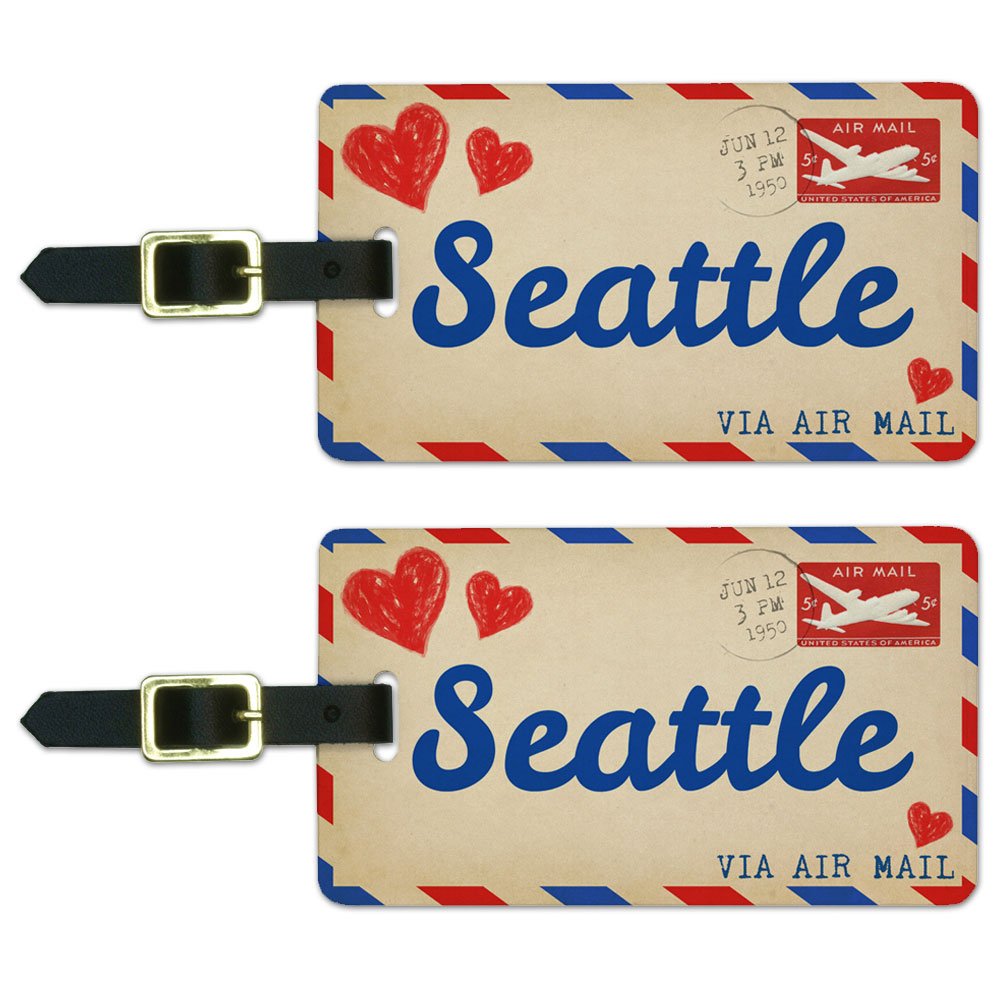 Custom Seattle-Themed Luggage Tags for Suitcases & Carry-Ons - Air Mail Postcard Design, White | Perfect for Travel Enthusiasts & Souvenir Collectors