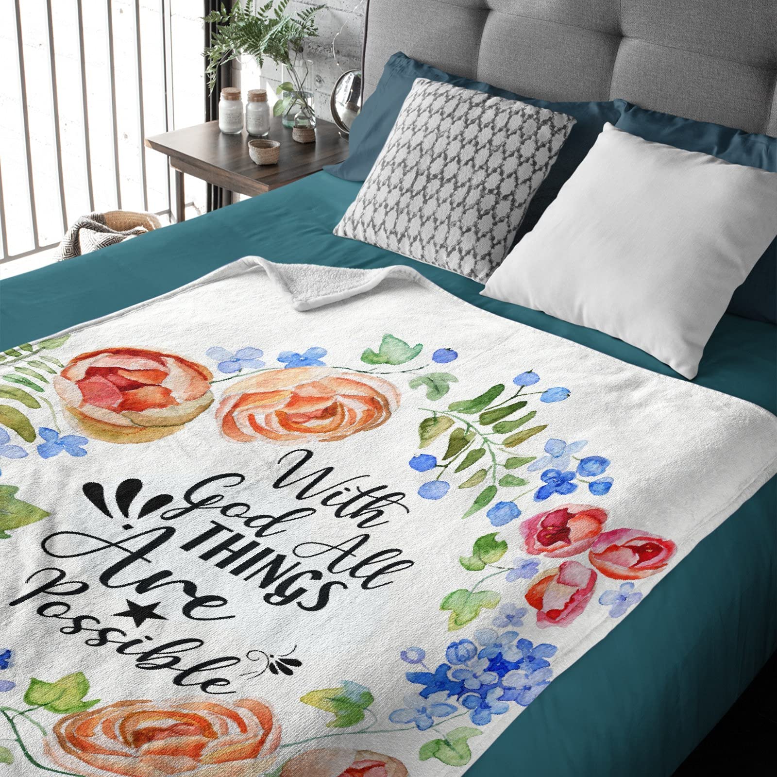 Floral Inspirational Blanket with 'With God All Things Are Possible' Bible Verse - Oversized 120x90 Inch Fleece Blanket for All Seasons (Fall, Winter, Spring, Summer) - Perfect for Couch, Bed, Sofa, Reading Nook, and Cozy Home Decor