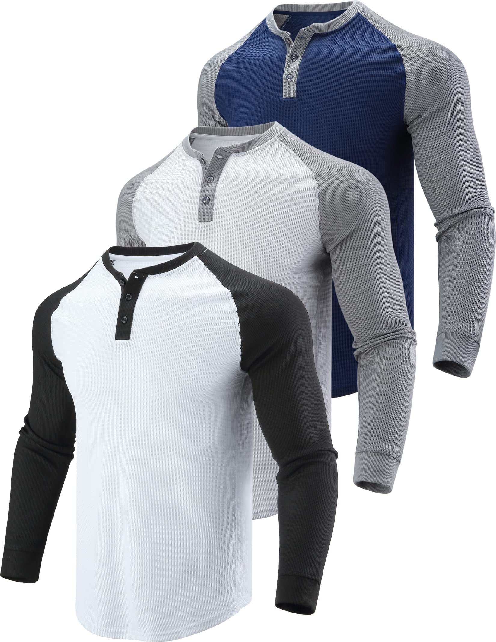 3 Pack Men's Waffle Henley Thermal Long Sleeve Shirts - Soft Breathable Casual Fitted Tops for Fall & Winter | Perfect for Layering, Outdoor Activities & Everyday Wear