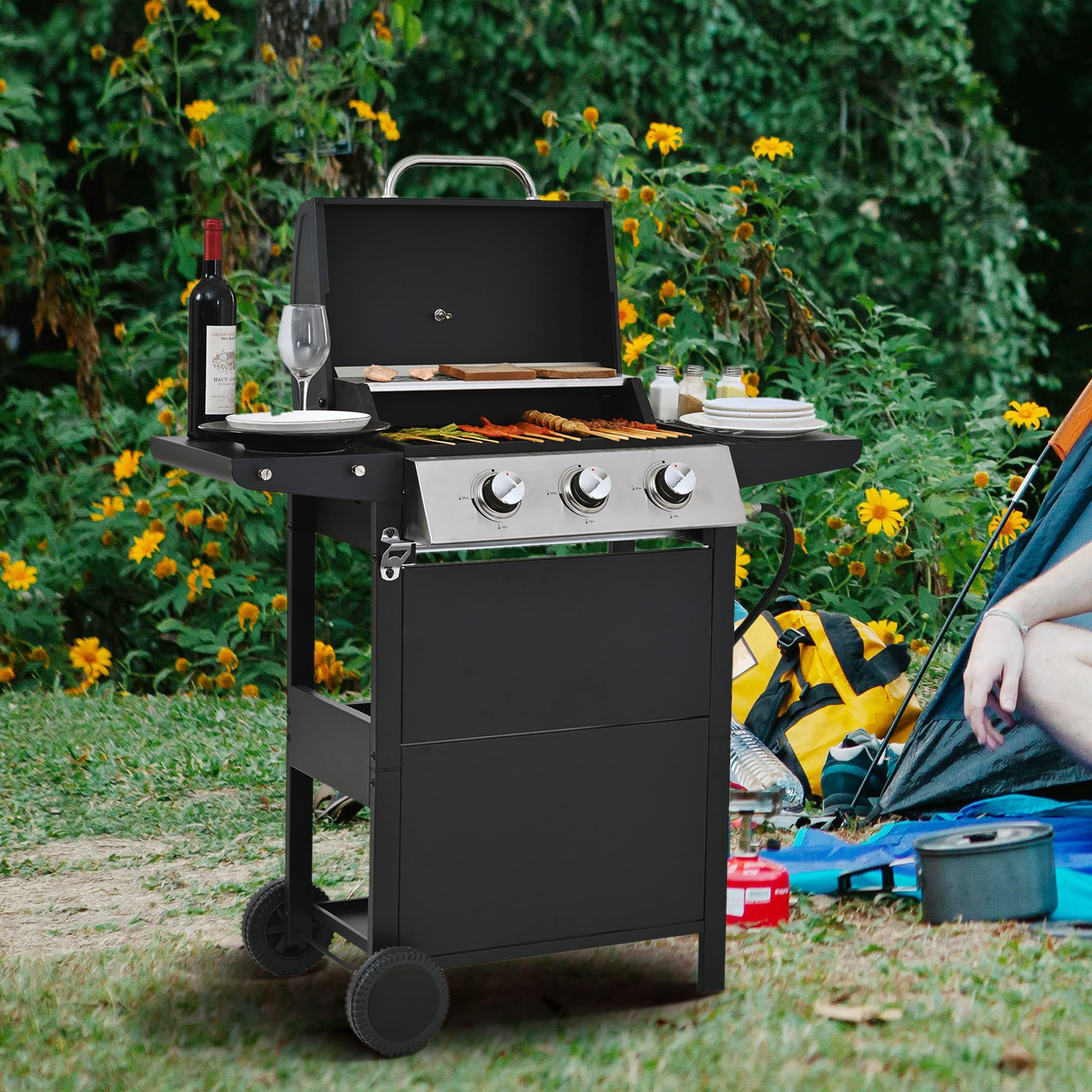 **3 Burner Propane Gas BBQ Grill - Stainless Steel Outdoor Grill with Enameled Cast Iron Grids & Rectangular Griddle - 26,000 BTU for Patio, Garden, Backyard, Camping & Tailgating (Black-3 Burner)**