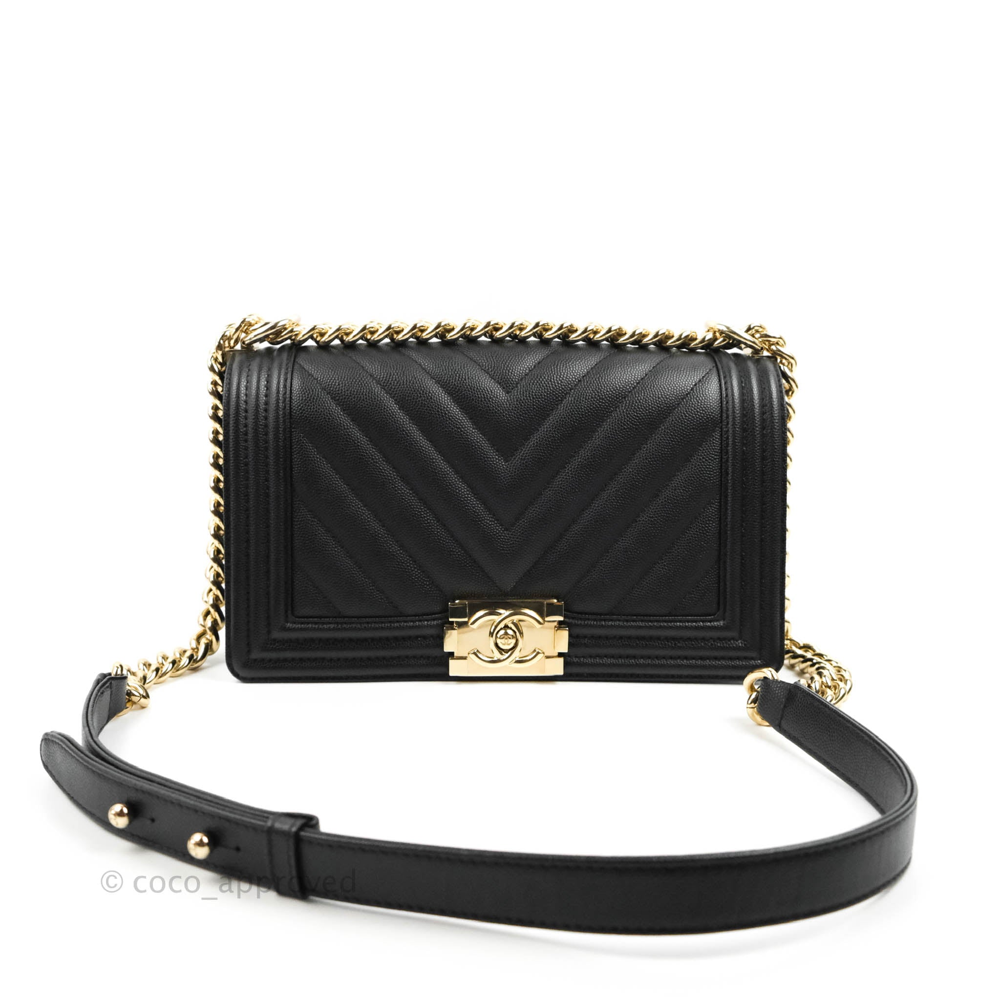 Chanel Chevron Medium Boy Bag in Black Caviar Leather with Gold Hardware - Luxury Handbag for Women, Perfect for Evening Events & Special Occasions