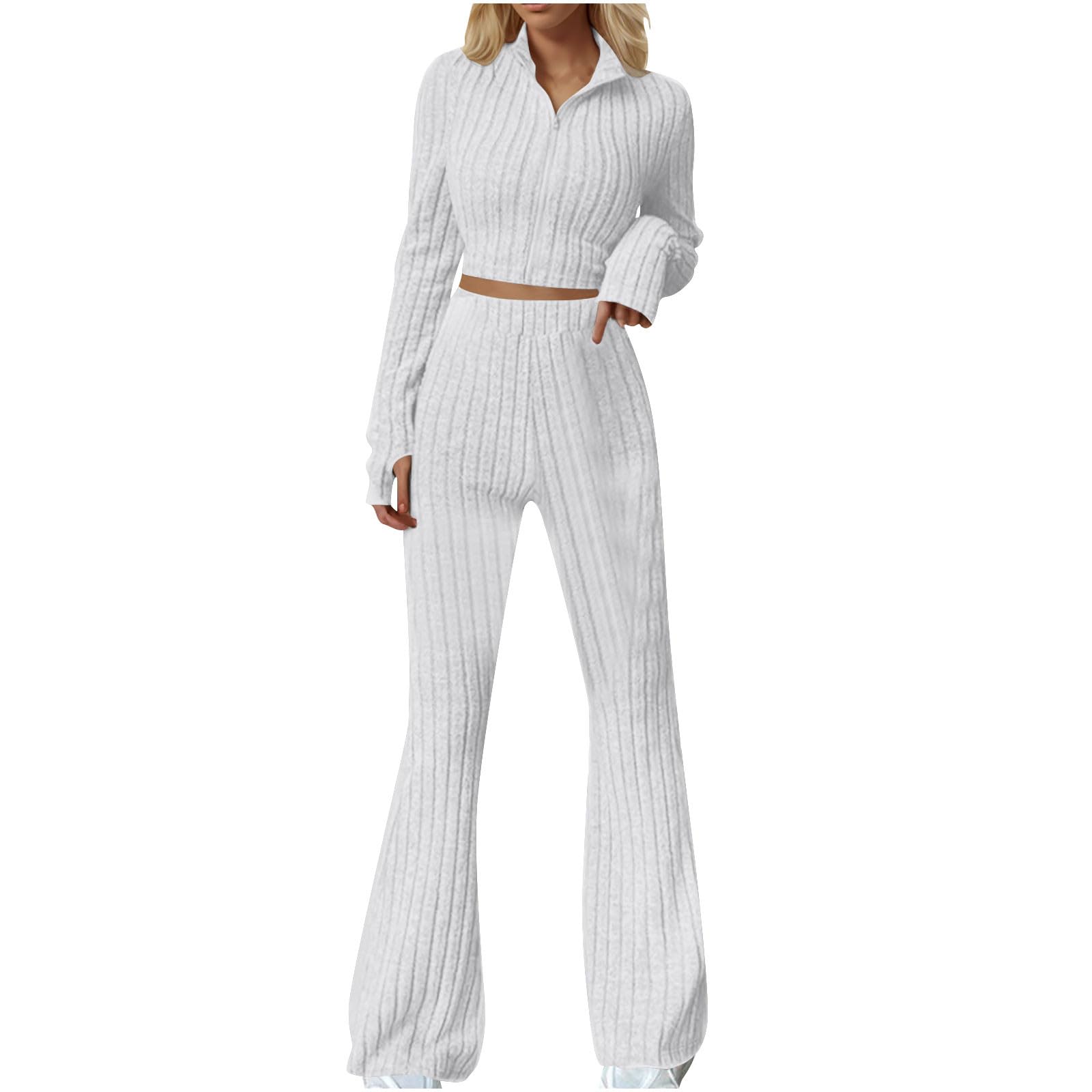 Women's 2-Piece Knit Sweater Set - Long Sleeve Crop Top & Flare Bell Bottom Pants - Cozy Lounge Outfit for Home, Office & Casual Wear