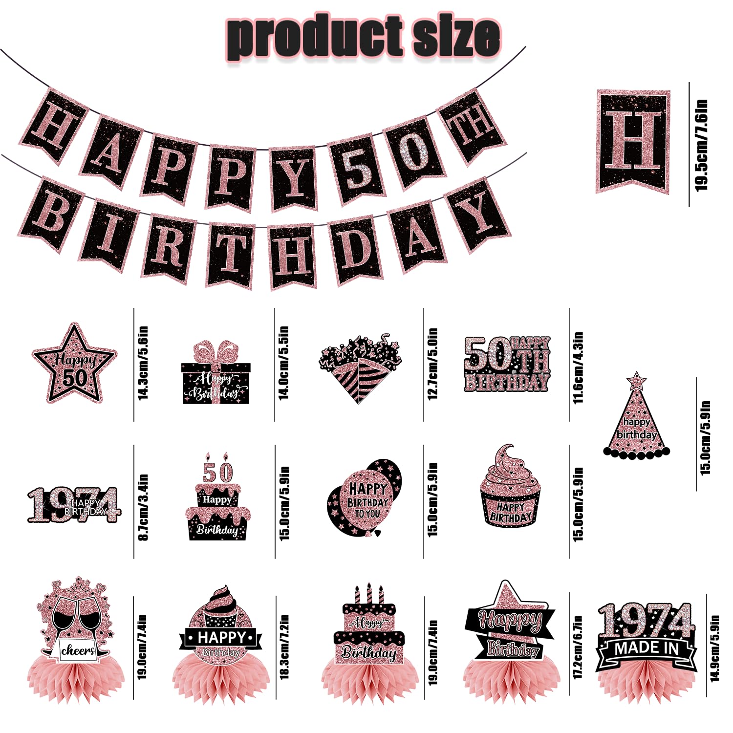 50th Birthday Party Decorations for Women - Black & Rose Gold Theme Includes Happy Birthday Banner, Hanging Swirls & Honeycomb Centerpieces - Perfect for Milestone Birthday Celebrations, Retirement Parties & Special Occasions