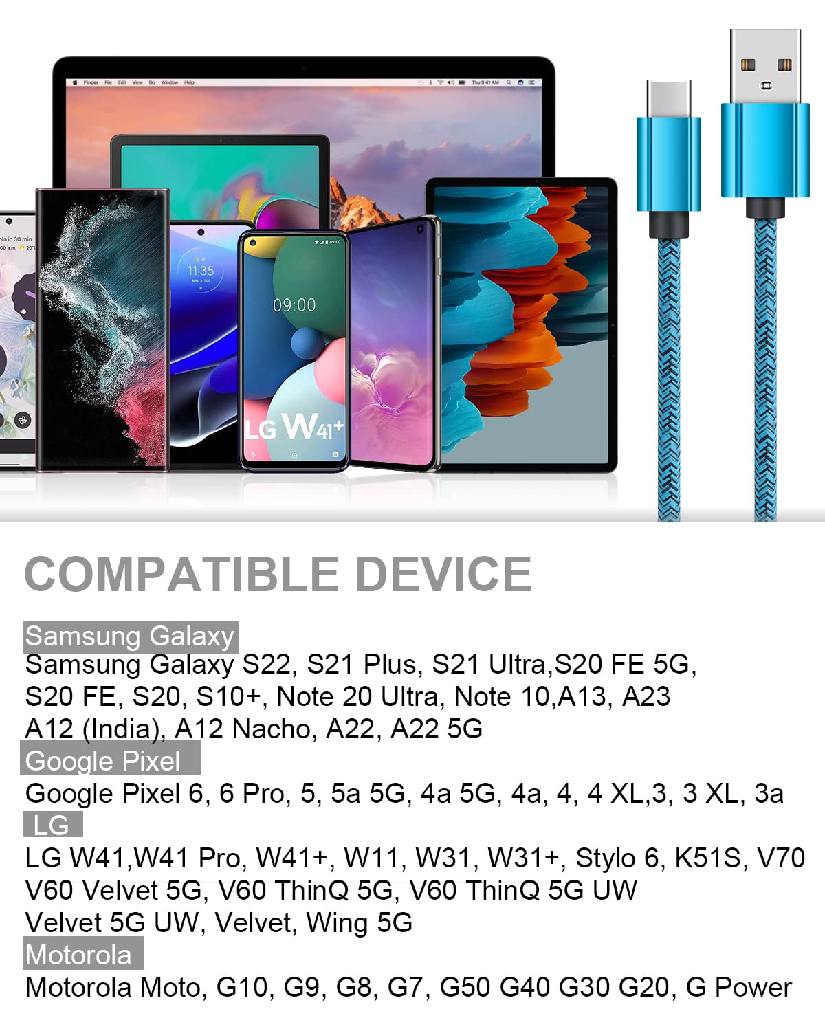 2-Pack 3ft USB-A to USB-C Fast Charging Cable - Compatible with iPhone 15/15 Pro/15 Pro Max/15 Plus & Samsung Galaxy S23 Ultra/S23+/S22/S20/S10/A14 5G/A12/A13 - Durable Braided Nylon Cord for Home, Office & Travel Charging