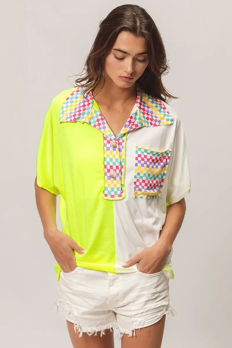 BiBi Color Block Knit Sweater with Multi Checker Contrast Design | Women's Fashion Tops for Casual Wear & Office Outfits