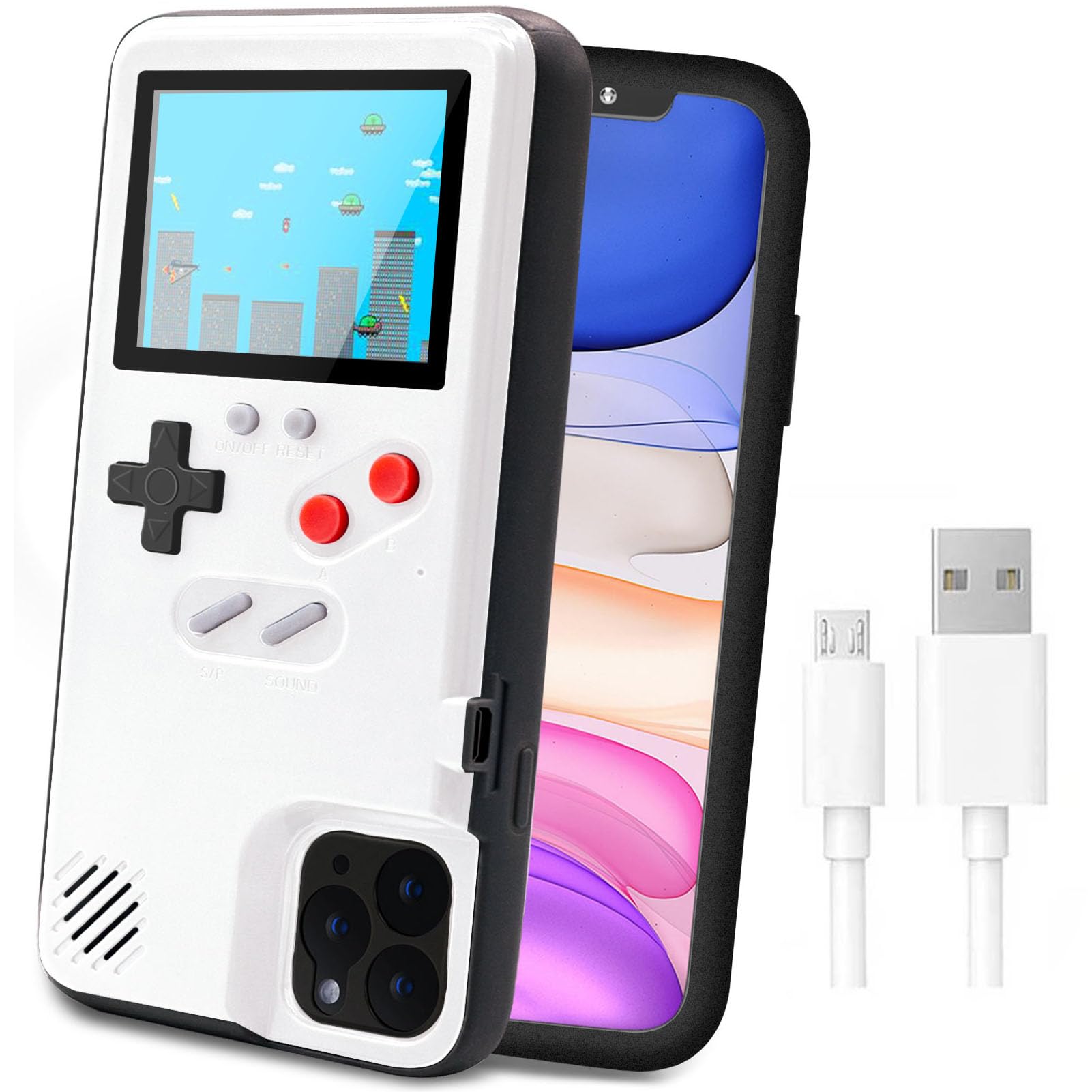 LucBuy Retro Game Console Case for iPhone 11 Pro Max - Shockproof Protective Cover with 36 Built-in Games & Full Color Display | Self-Powered Gaming Case | Perfect for Travel, Commuting & Entertainment (White)