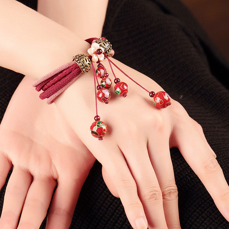 Handmade Red Cloisonné Bracelet - Traditional Chinese Enamel String Bracelet for Women - Perfect for Festivals, Weddings & Boho Fashion Accessories